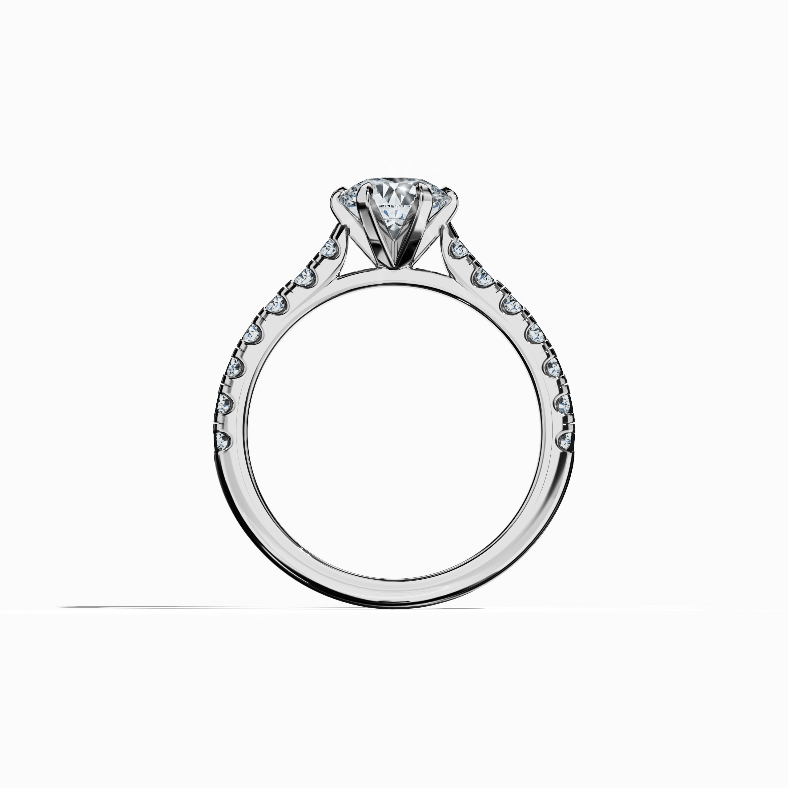 Standing front view of a white gold solitaire paved ring, featuring a dazzling 1 ct center/centre diamond paired with 0.21 ct side diamonds in a sleek diamond slim band with a secure four nail prong setting. This image highlights its contemporary design and timeless sophistication, making it perfect as an engagement ring, bridal jewelry/jewellery, or fine jewelry/fine jewellery statement. Keywords: white gold, paved ring, diamond slim band, luxury, 1.21 ct, modern elegance.