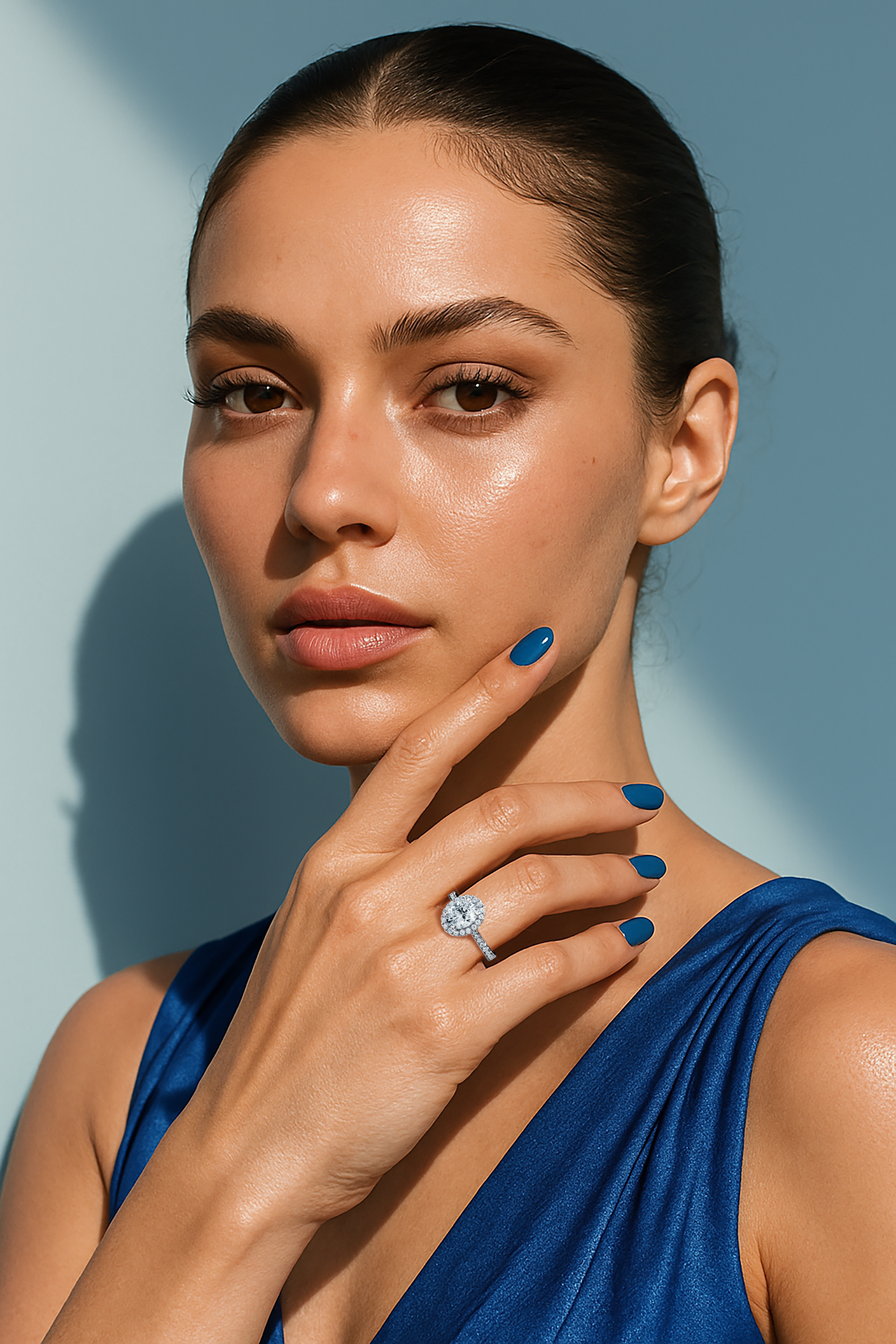 Stunning image of a white gold halo paved ring elegantly worn on her finger, featuring a sparkling 1ct oval-cut central diamond and a surrounding 0.60ct side diamond halo. The delicate pavé-set band in white, silver, and pale gold exudes refined luxury and artisanal detail. Incorporating classic halo, vintage halo, modern halo, and bridal halo design motifs, the ring radiates oval brilliance, timeless style, and exquisite craftsmanship. Keywords: chic, graceful, statement jewelry.