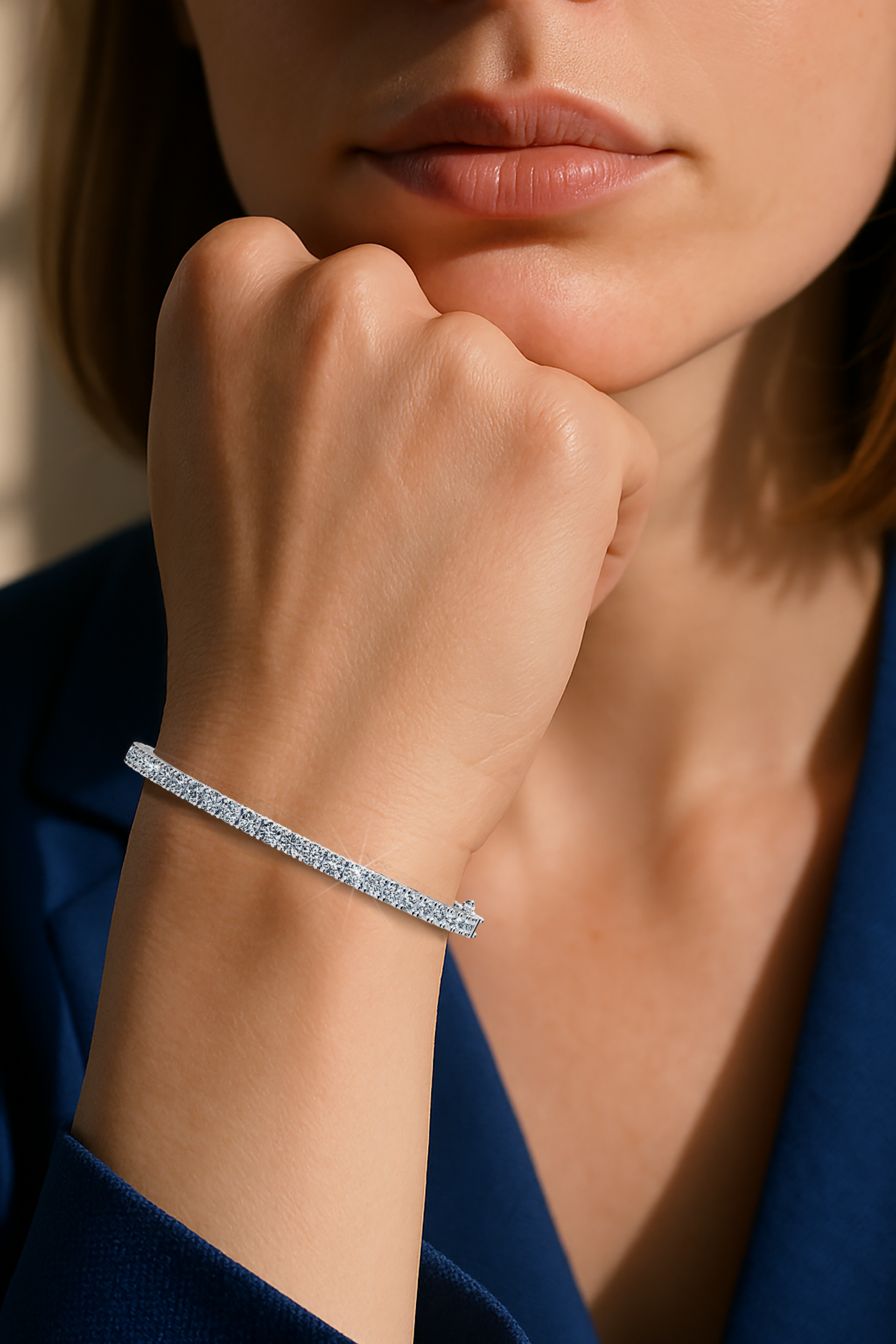This 10-carat diamond tennis bracelet, also known as a line bracelet, eternity bracelet, river bracelet, or inline bracelet, is presented in platinum (Pt950). Seen worn on the wrist, its round brilliant stones drape elegantly with a brilliant sparkle. The secure prong setting ensures lasting beauty, making it perfect for elegant events or daily wear. Keywords: diamond tennis bracelet, platinum, line bracelet.
