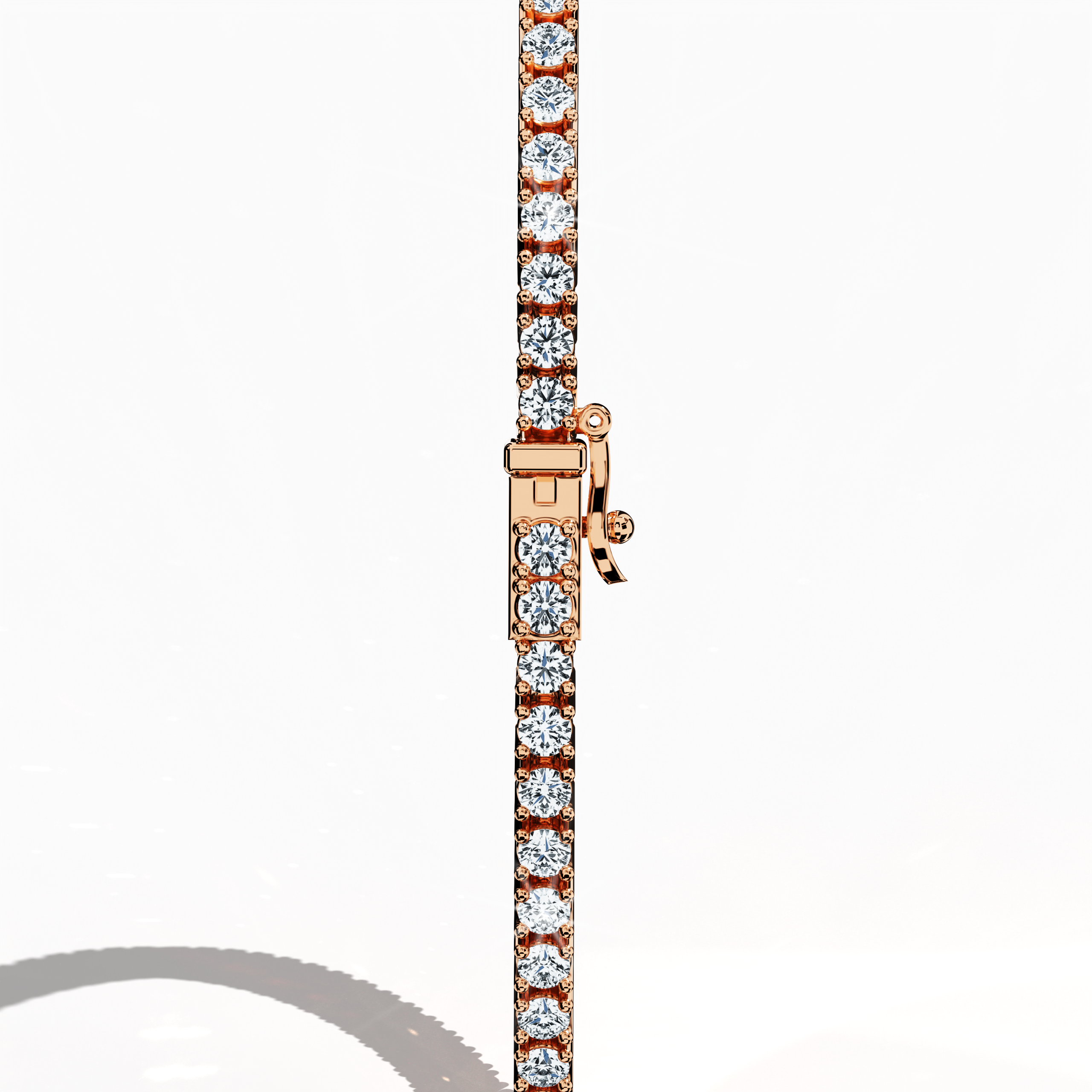 Viewed from a standing back side perspective, this 2-carat diamond tennis bracelet in enchanting rose gold—also recognized as rosy or pink‑hued gold—displays a continuous line of meticulously set diamonds. Esteemed in fine jewelry/jewellry as a diamond wristband, diamond cuff, or refined arm candy, its design seamlessly blends classic charm with modern creativity. Impeccable detailing and superior craftsmanship make this luxury accessory a testament to international elegance and enduring style.