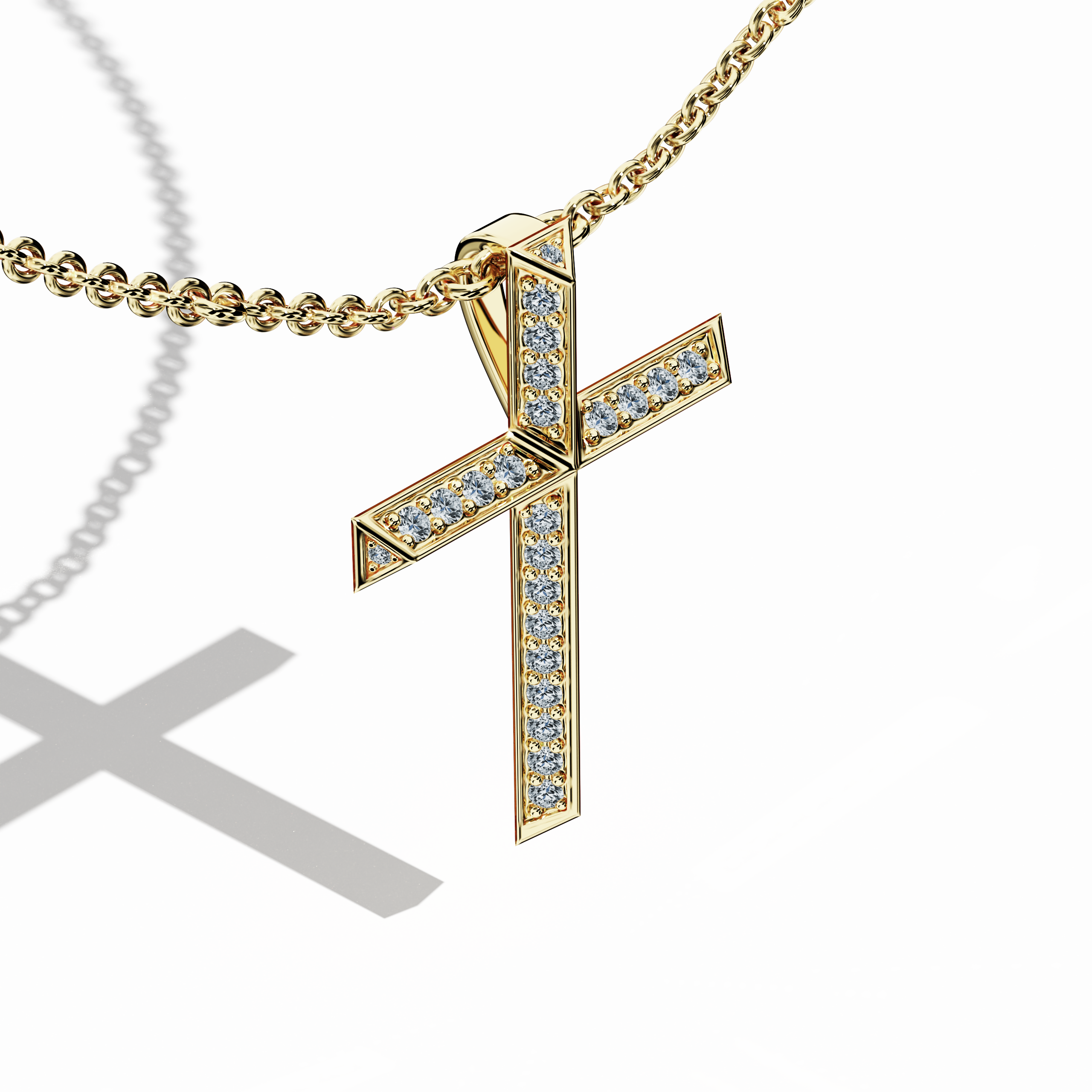 A top-angled perspective of a yellow gold diamond cross pendant, highlighting its elevated two-tier structure with sparkling diamonds. This double-layered cross is also known as a dual-step gemstone crucifix, stacked faith pendant, golden layered cross necklace, symbolizing luxury and devotion. Keywords: classic yellow gold jewelry, fine diamond faith pendant, luxurious cross necklace, symbolic gold jewelry.
