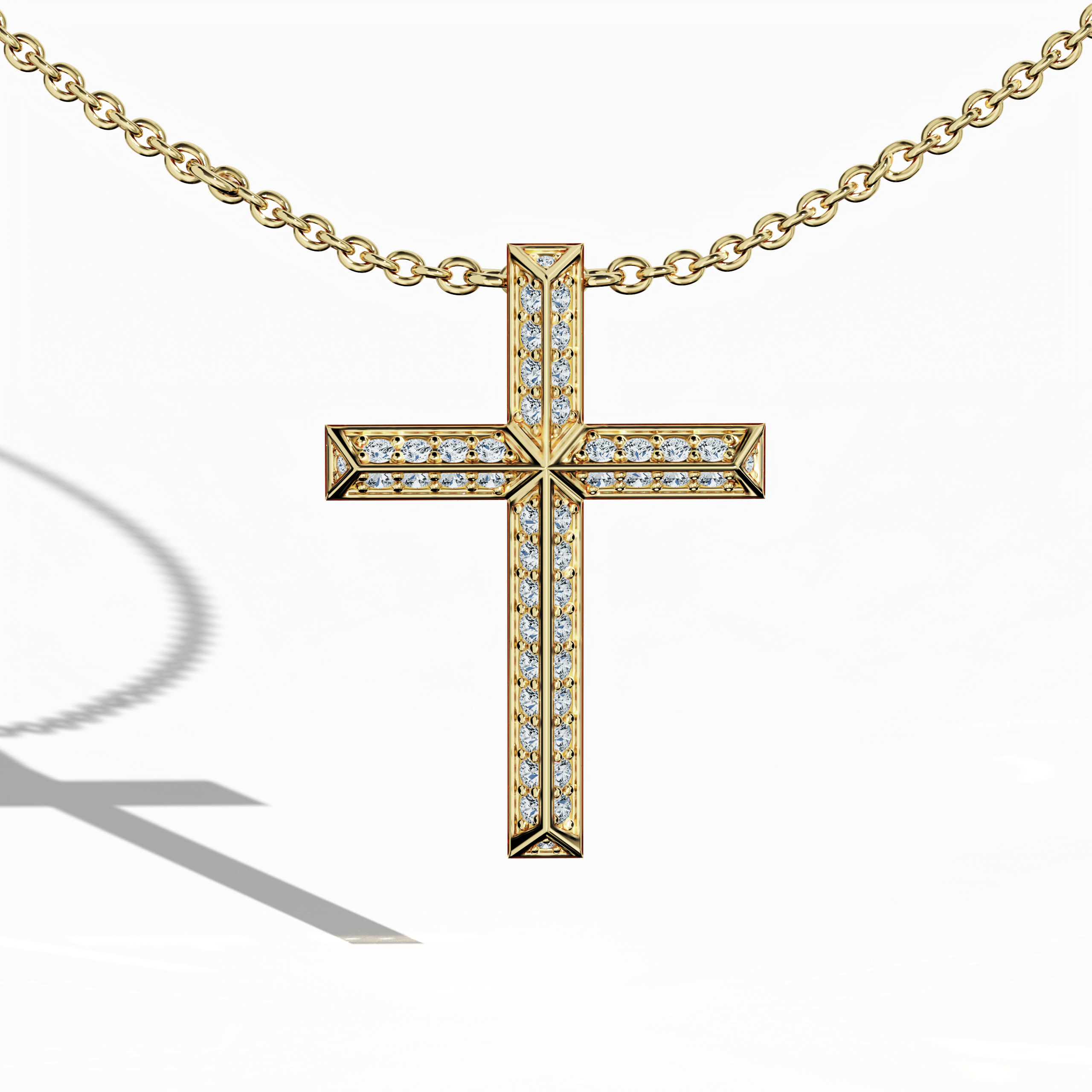 A classic yellow gold diamond cross pendant, featuring a two-step, multi-tiered design with pavé diamonds totaling up to 0.40 carats. This traditional meets modern jewelry piece is referred to as a stacked gemstone cross, multi-layered crucifix, radiant gold faith pendant, and double-step cross necklace. Yellow gold is also called or jaune, oro amarillo, gelbgold, soleil gold. Keywords: yellow gold diamond pendant, fine faith jewelry, classic cross necklace, pavé diamond crucifix.