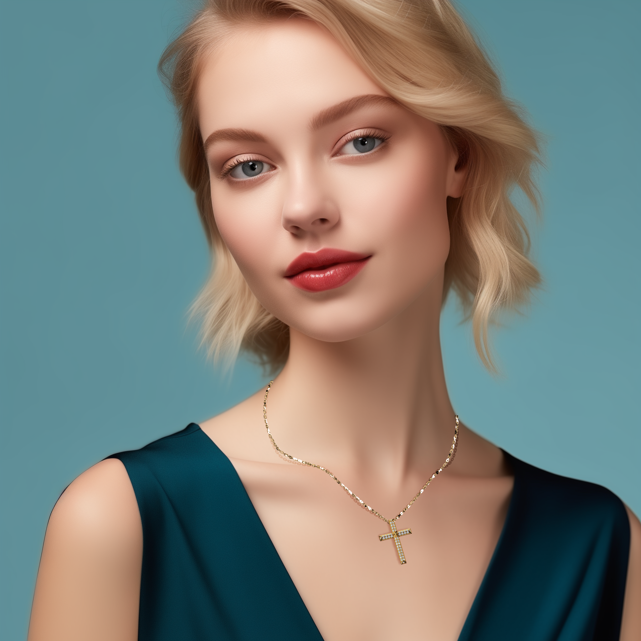 A woman is seen wearing a yellow gold layered diamond cross pendant, accompanied by a matching gold diamond ring. This exquisite faith-inspired jewelry piece is also called a multi-step gold crucifix, radiant gemstone faith pendant, golden diamond cross, and embodies spirituality and timeless style. Keywords: yellow gold fine jewelry, diamond faith necklace, layered cross for women, elegant gold pendant.