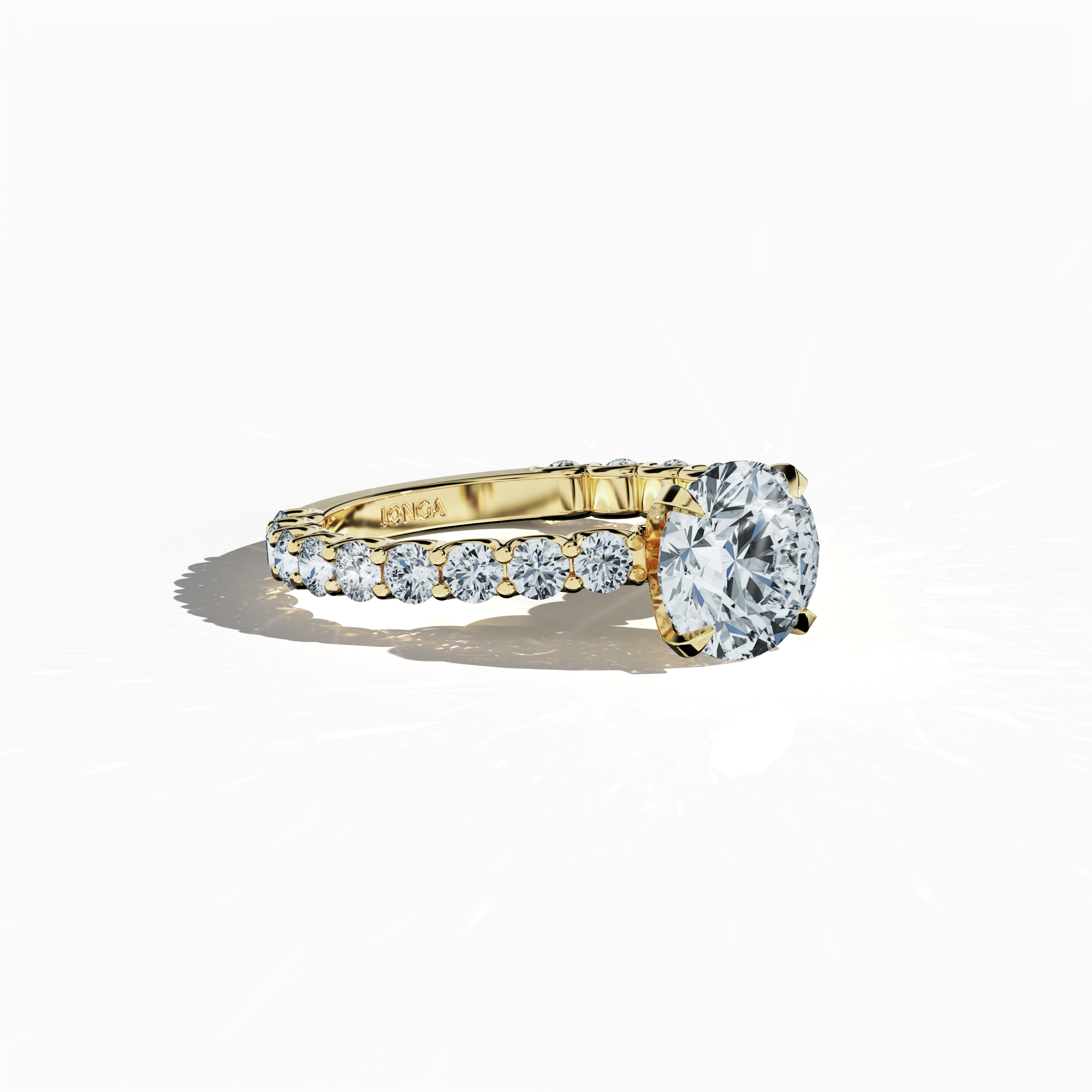 Side profile of a yellow gold solitaire Eternity ring, highlighting a captivating 2 ct center/centre diamond and 1.30 ct side diamonds in a four-nail prong setting. This profile emphasizes its structure, making it an excellent engagement, bridal, or anniversary jewelry/jewellery piece. Keywords: yellow gold, solitaire, diamond eternity band, luxury ring, wedding band, fine jewellery, 3.30 ct, timeless elegance.