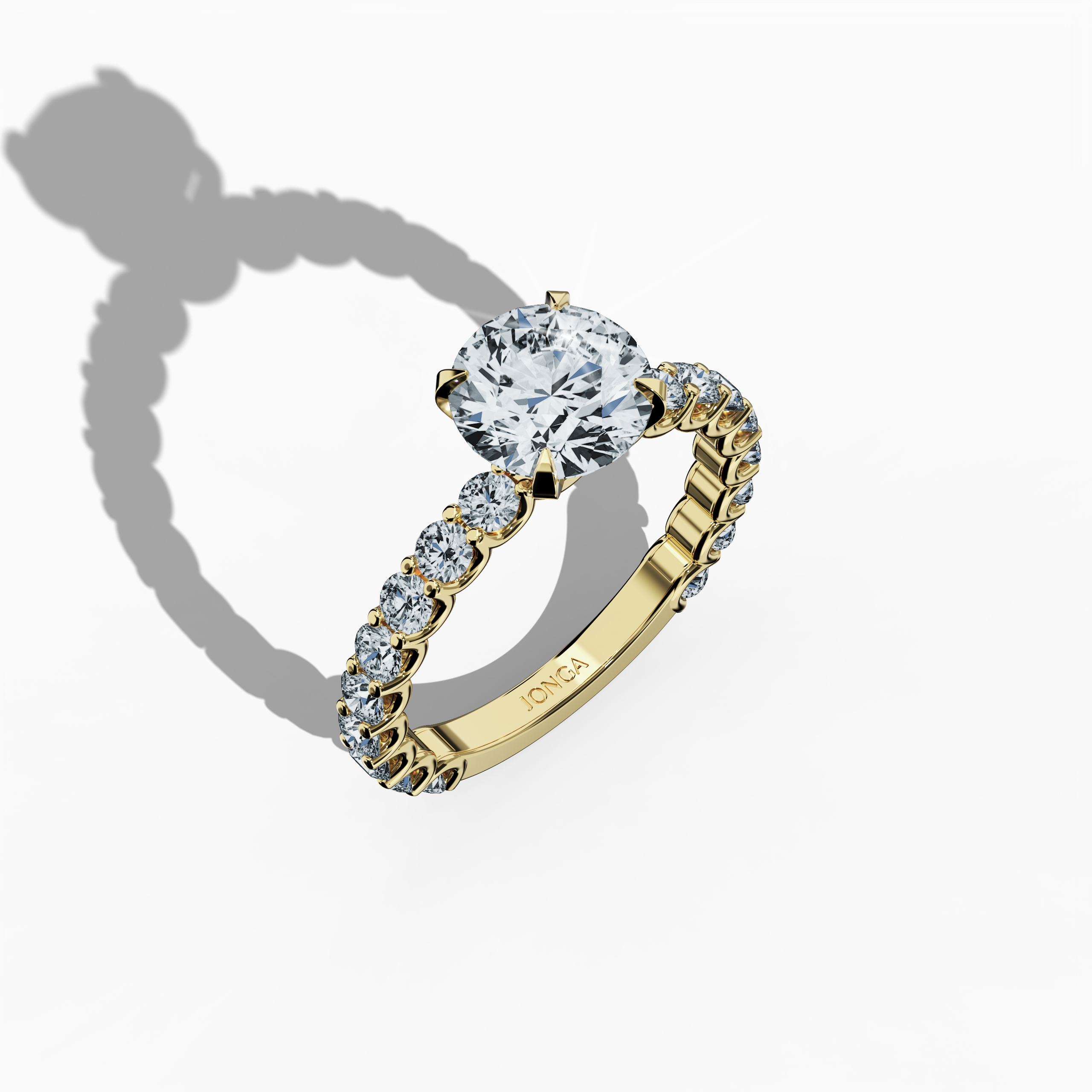 Front top side view of a yellow gold solitaire Eternity ring with a radiant 2 ct center/centre diamond and 1.30 ct side diamonds in a four-nail prong setting. This eternity band, wedding band, or engagement ring is a must-have in fine jewelry/fine jewellery collections. A classic symbol of love. Keywords: yellow gold, solitaire, eternity ring, bridal jewelry/jewellery, luxury, diamond ring, engagement, 3.30 ct, vintage charm.