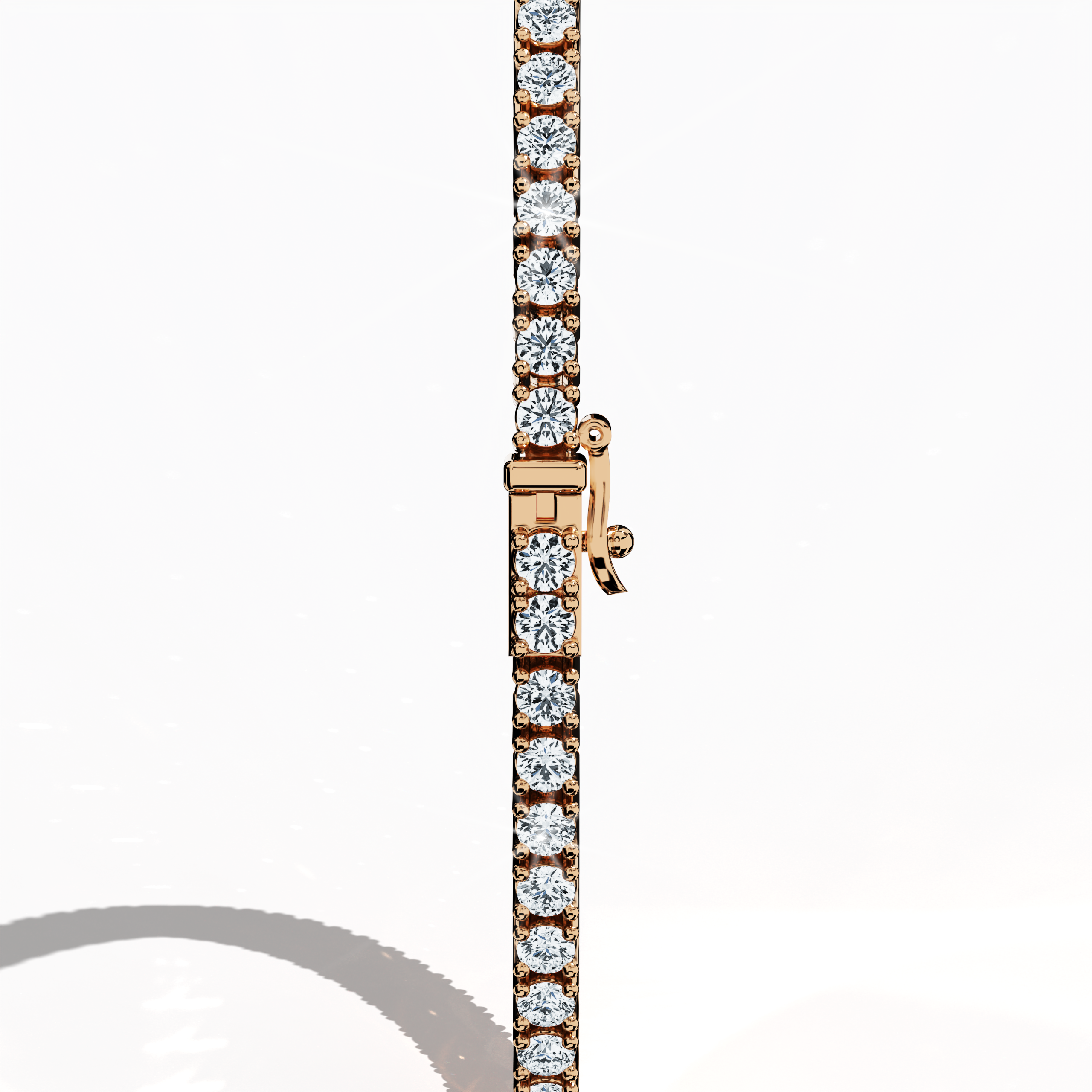 In a standing back side view, this 3 carat diamond tennis bracelet in rose gold (also referred to as pink gold or red gold) highlights its secure clasp and continuous row of round brilliant stones. Known as tennis bracelet, line bracelet, eternity bracelet, river bracelet, or inline bracelet, the four-prong design underscores each gem’s radiance. Perfect for refined statements. Keywords: diamond tennis bracelet, 3 carat, rose gold, jewelry, prong setting.