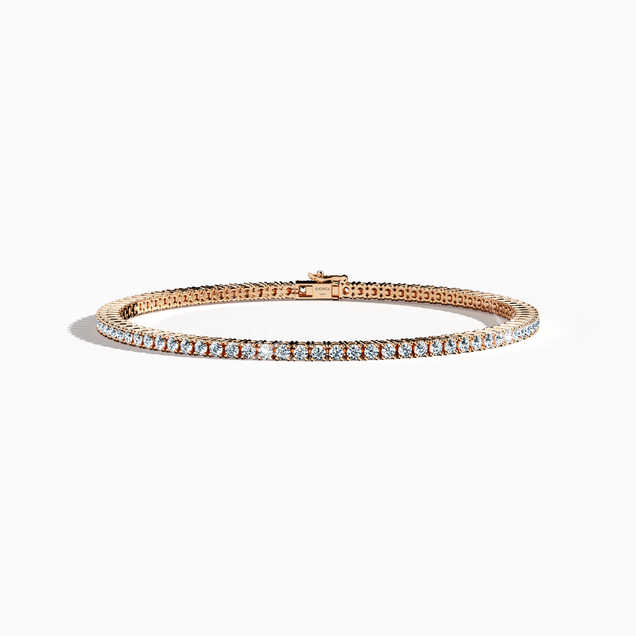 In a sleeping front top view, this 3 carat diamond tennis bracelet in rose gold (also referred to as pink gold or red gold) sparkles with prong-set round brilliant stones in a seamless line. Known as tennis bracelet, line bracelet, eternity bracelet, river bracelet, or inline bracelet, its four-prong design maximizes each gem’s brilliance for everyday wear or special occasions. Keywords: diamond tennis bracelet, 3 carat, rose gold, jewelry, prong setting.