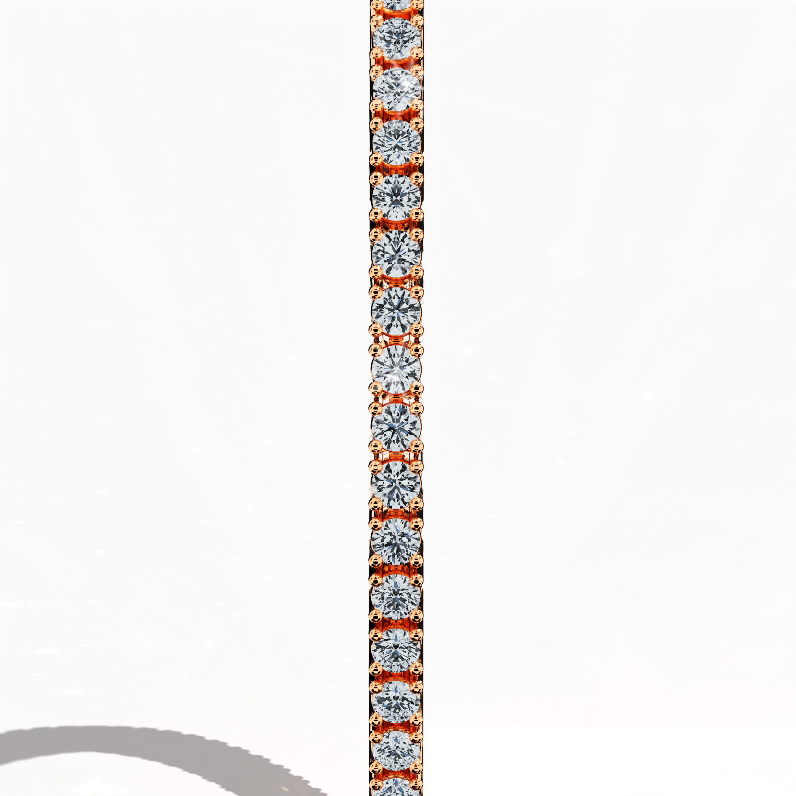 In a standing side view, this 3 carat diamond tennis bracelet in rose gold (also referred to as pink gold or red gold) reveals a sleek profile with prong-set round brilliant stones. Known as tennis bracelet, line bracelet, eternity bracelet, river bracelet, or inline bracelet, its four-prong design ensures enduring sparkle. Ideal for formal events or daily wear. Keywords: diamond tennis bracelet, 3 carat, rose gold, jewelry, prong setting.