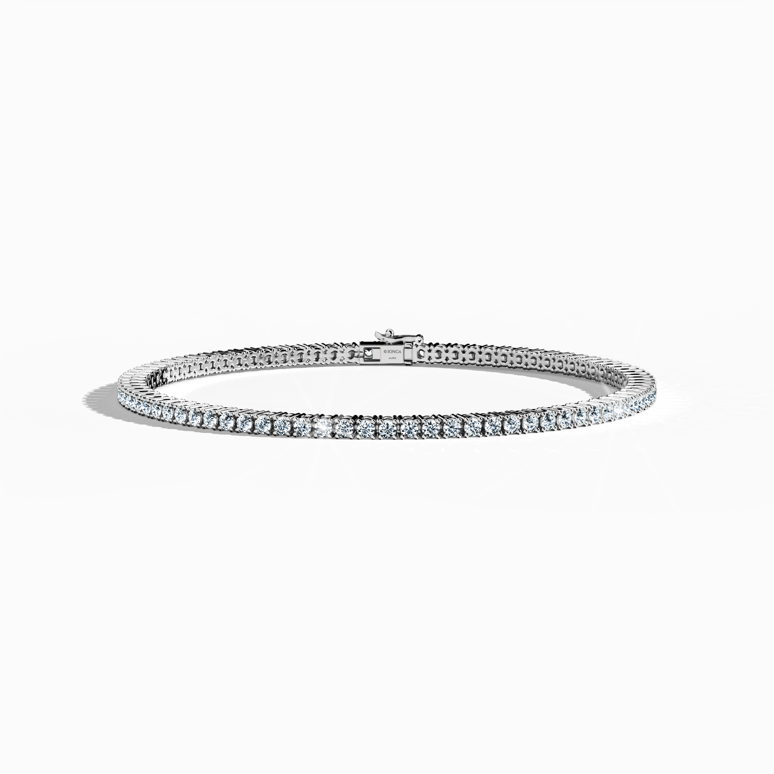 In a sleeping front top view, this 3 carat diamond tennis bracelet in white gold (also referred to as grey gold or palladium gold) sparkles with prong-set round brilliant stones in a seamless line. Known as tennis bracelet, line bracelet, eternity bracelet, river bracelet, or inline bracelet, its four-prong design maximizes each gem’s brilliance for everyday wear or special occasions. Keywords: diamond tennis bracelet, 3 carat, white gold, jewelry, prong setting.