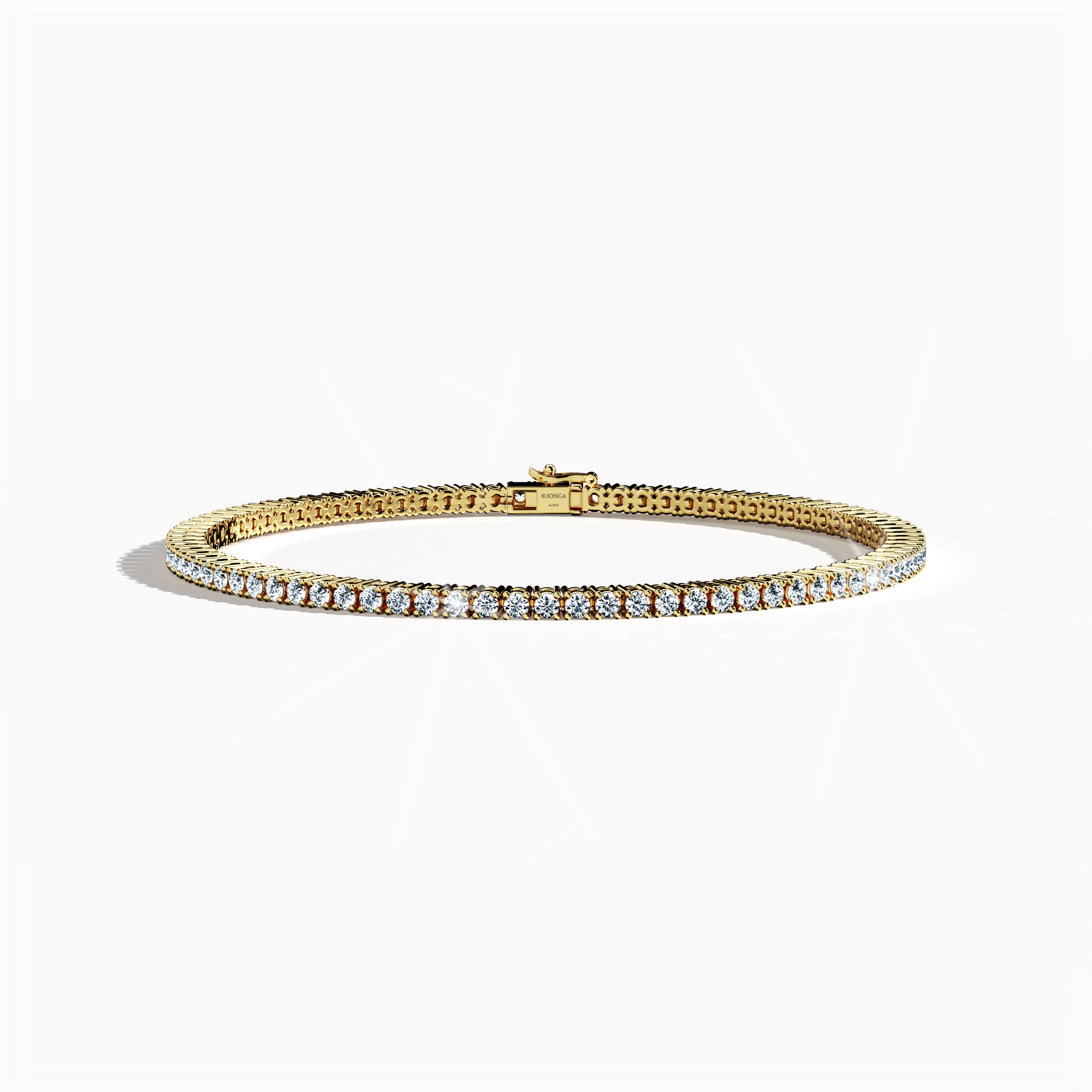 In a sleeping front top view, this 3 carat diamond tennis bracelet in yellow gold (also referred to as classic gold or champagne gold) sparkles with prong-set round brilliant stones in a seamless line. Known as tennis bracelet, line bracelet, eternity bracelet, river bracelet, or inline bracelet, its four-prong design maximizes each gem’s brilliance for everyday wear or special occasions. Keywords: diamond tennis bracelet, 3 carat, yellow gold, jewelry, prong setting.