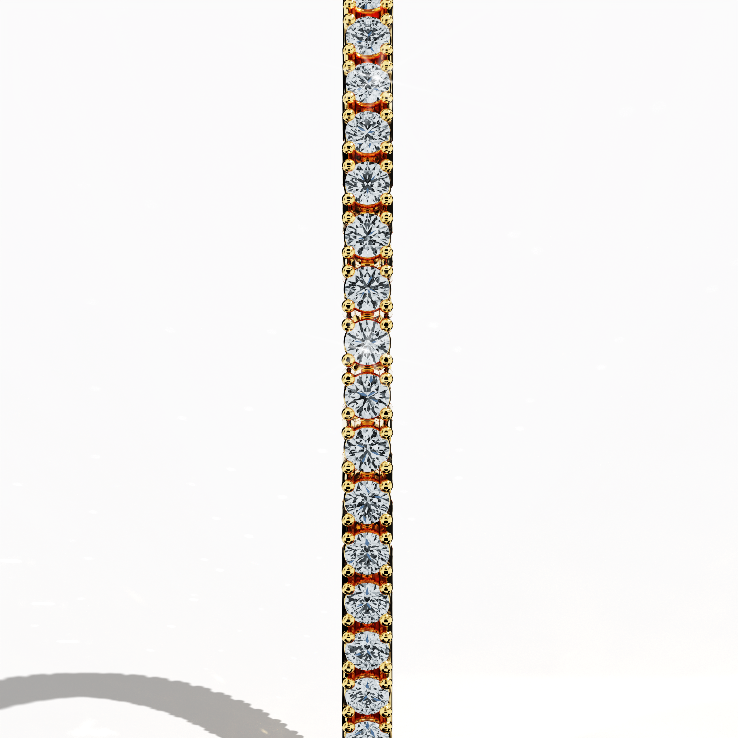 In a standing side view, this 3 carat diamond tennis bracelet in yellow gold (also referred to as classic gold or champagne gold) reveals a sleek profile with prong-set round brilliant stones. Known as tennis bracelet, line bracelet, eternity bracelet, river bracelet, or inline bracelet, its four-prong design ensures enduring sparkle. Ideal for formal events or daily wear. Keywords: diamond tennis bracelet, 3 carat, yellow gold, jewelry, prong setting.