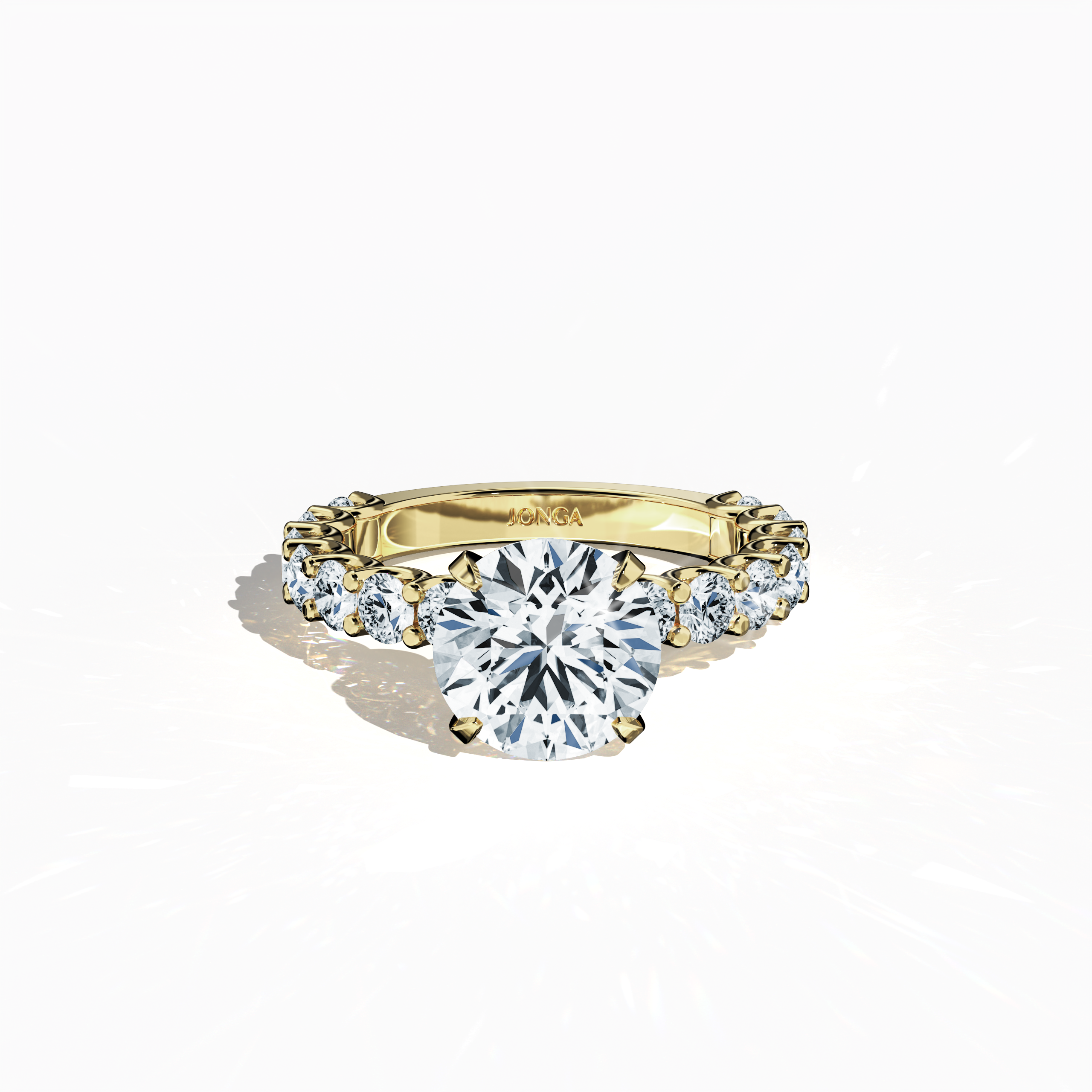 Sleeping front top view of a yellow gold solitaire Eternity ring, featuring a breathtaking 3 ct center/centre diamond and 1.60 ct side diamonds, all set in a four-nail prong setting. This fine jewelry/fine jewellery piece makes a luxurious engagement ring, eternity band, or wedding ring, offering timeless beauty and elegance. Keywords: yellow gold, eternity ring, diamond band, engagement ring, wedding jewelry, bridal jewellery, 4.60 ct, luxury diamond ring.