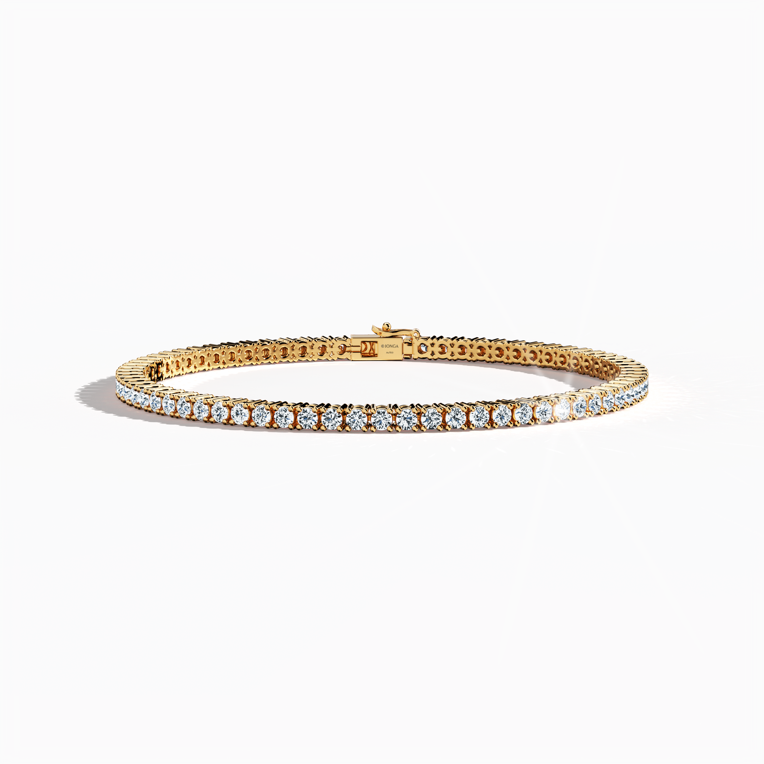 In a sleeping front top view, this 4 carat diamond tennis bracelet in rose gold (alternatively known as pink gold or red gold) radiates warmth through its continuous band of prong-set round brilliant diamonds. Also described as a tennis bracelet, line bracelet, eternity bracelet, river bracelet, or inline bracelet, its refined four‐prong design accentuates each diamond’s fiery brilliance for both chic events and everyday luxury. Keywords: diamond tennis bracelet, 4 carat, rose gold, fine jewelry.