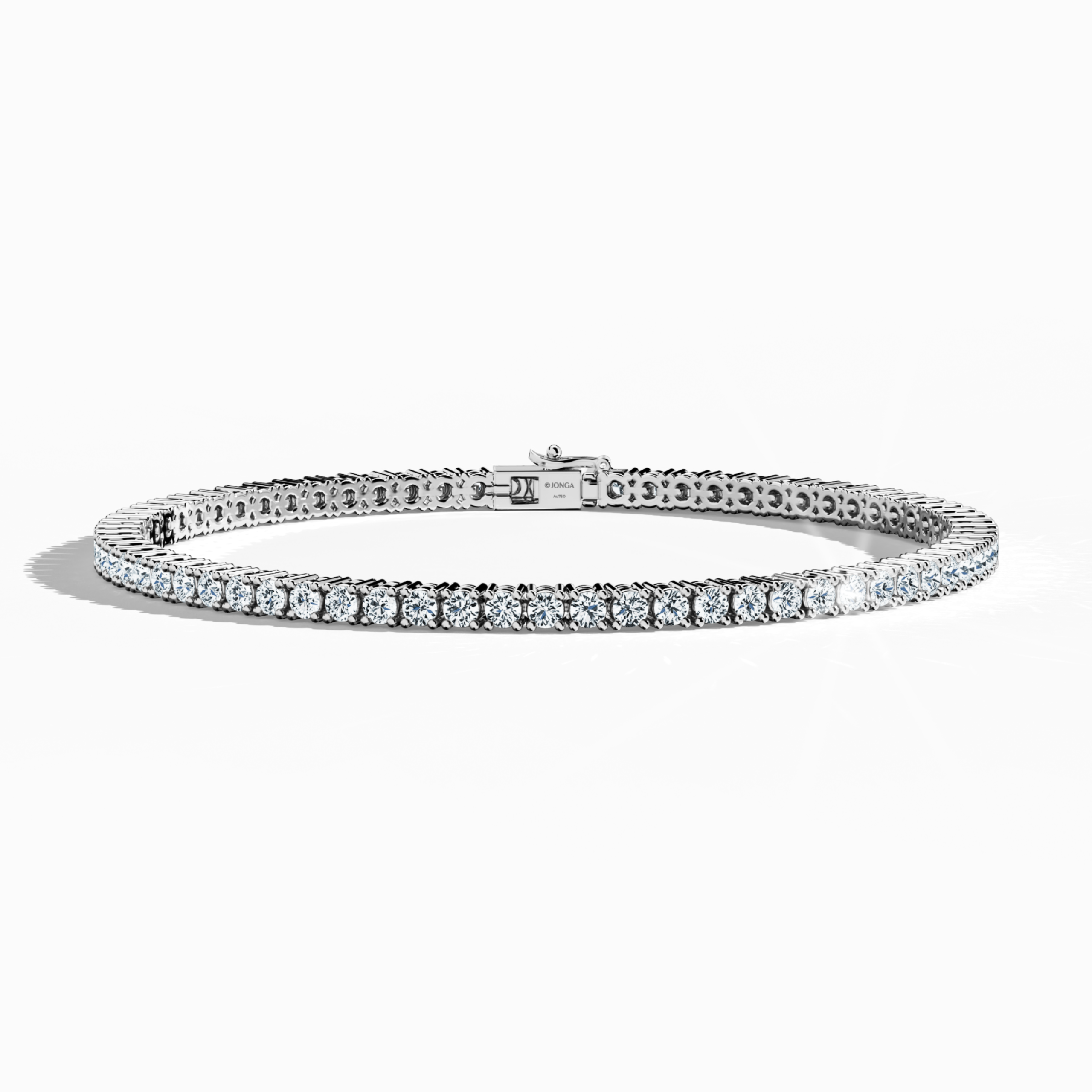 In a sleeping front top view, this 4 carat diamond tennis bracelet in white gold (alternatively known as grey gold or palladium gold) displays a continuous row of prong-set round brilliant diamonds arranged in a sleek line. Also described as a tennis bracelet, line bracelet, eternity bracelet, river bracelet, or inline bracelet, its refined four‐prong design enhances every facet’s radiance for both formal events and daily elegance. Keywords: diamond tennis bracelet, 4 carat, white gold, fine jewelry, prong