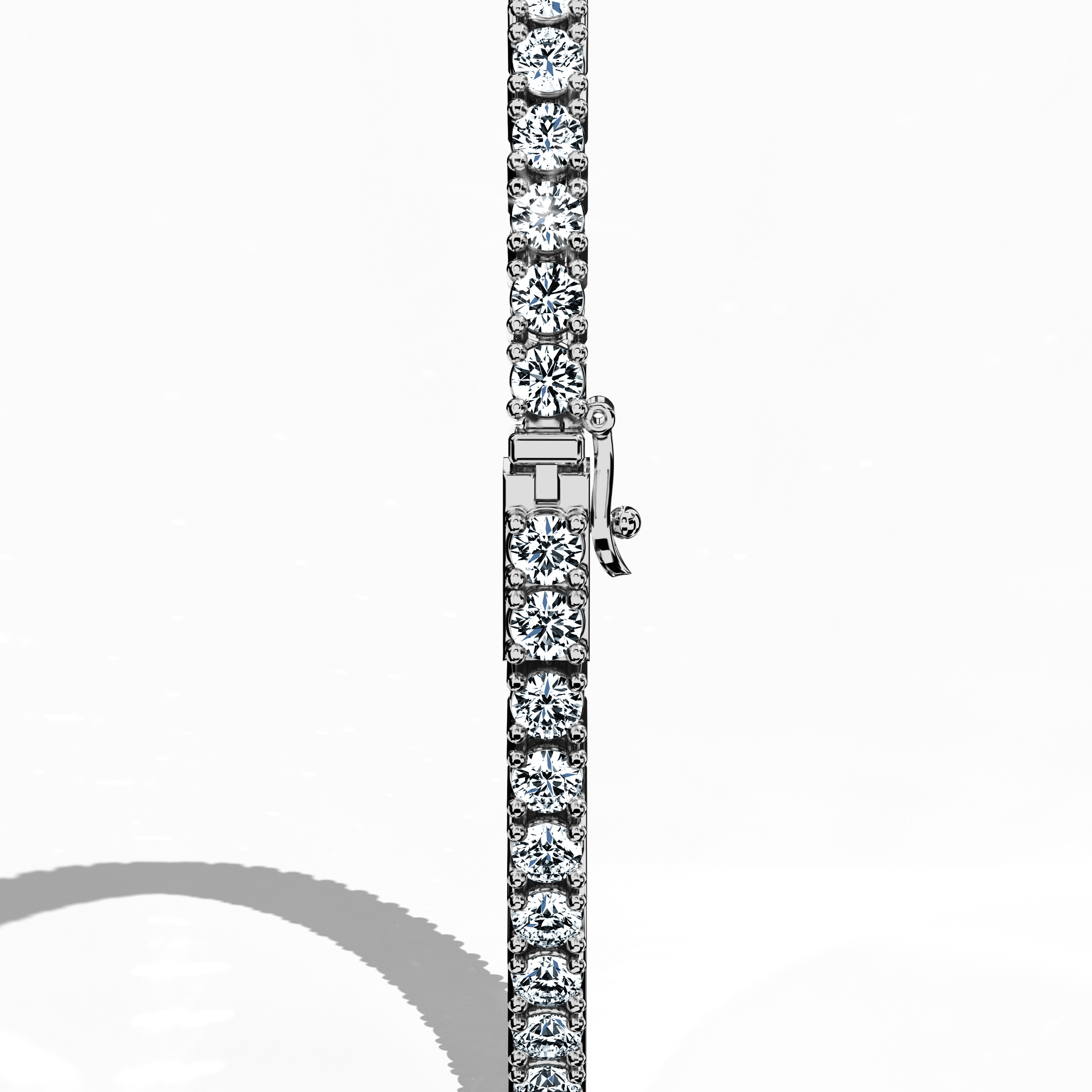 In a standing back side view, this 4 carat diamond tennis bracelet in white gold (alternatively known as grey gold or palladium gold) showcases a secure clasp and an uninterrupted series of prong-set round brilliant diamonds. Referred to as a tennis bracelet, line bracelet, eternity bracelet, river bracelet, or inline bracelet, its elegant four‐prong setting ensures that every facet catches the light perfectly, offering timeless sophistication for formal or casual styles. Keywords: diamond tennis bracelet.
