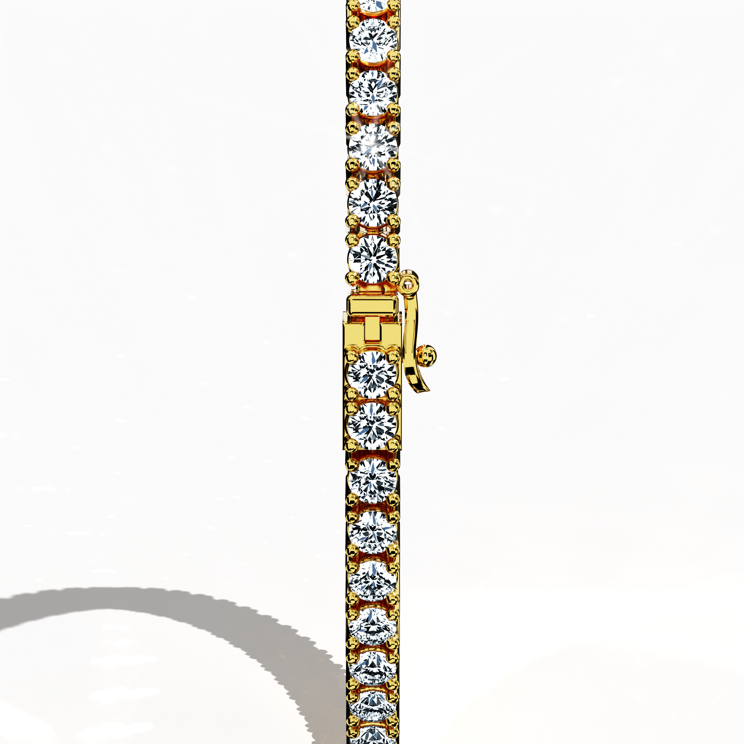 In a standing back side view, this 4 carat diamond tennis bracelet in yellow gold (alternatively known as classic gold or champagne gold) presents a secure clasp and an unbroken line of prong-set round brilliant diamonds. Also recognized as a tennis bracelet, line bracelet, eternity bracelet, river bracelet, or inline bracelet, its refined four‐prong design elevates the radiant sparkle of each gem, making it a timeless accessory for formal occasions and elegant daily wear. Keywords: diamond tennis bracelet.