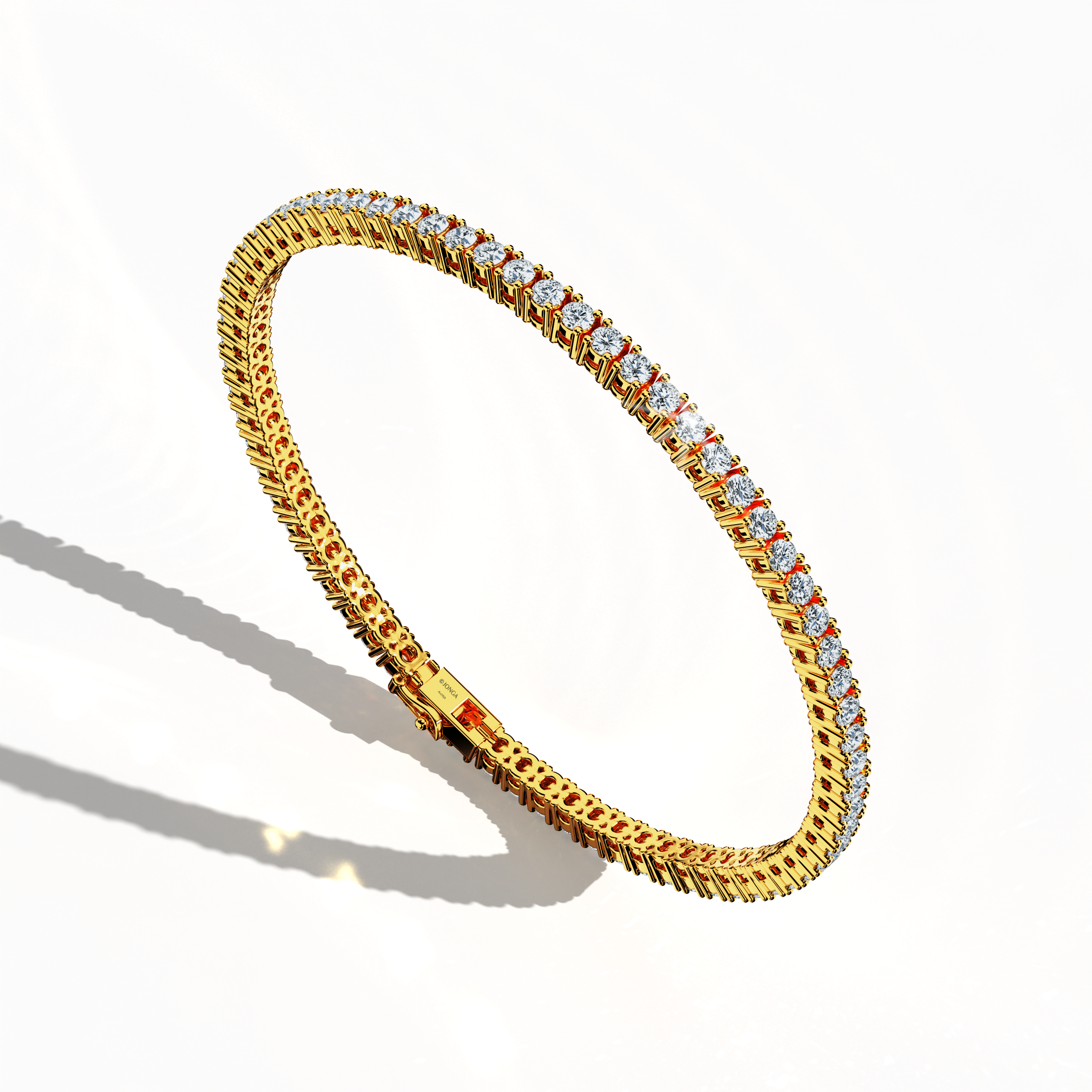 In a standing front top side view, this 4 carat diamond tennis bracelet in yellow gold (alternatively called classic gold or champagne gold) exhibits a gently curved band adorned with prong-set round brilliant diamonds. Also referred to as a tennis bracelet, line bracelet, eternity bracelet, river bracelet, or inline bracelet, its precise four‐prong design accentuates the luminous fire of each stone, ensuring a look that is both sophisticated and vibrant for any event. Keywords: diamond tennis bracelet, 4 c