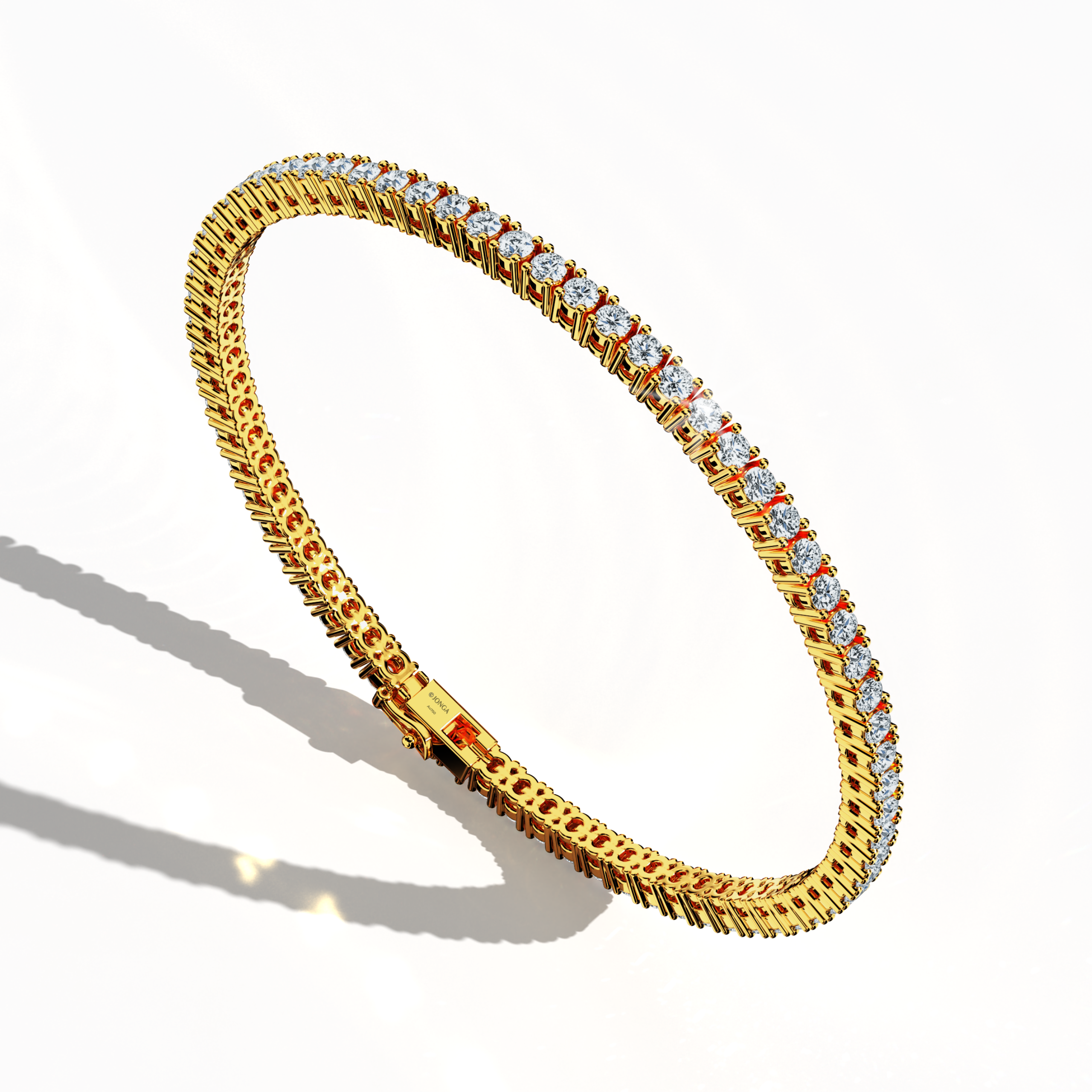 In a standing front top side view, this 4 carat diamond tennis bracelet in yellow gold (alternatively called classic gold or champagne gold) exhibits a gently curved band adorned with prong-set round brilliant diamonds. Also referred to as a tennis bracelet, line bracelet, eternity bracelet, river bracelet, or inline bracelet, its precise four‐prong design accentuates the luminous fire of each stone, ensuring a look that is both sophisticated and vibrant for any event. Keywords: diamond tennis bracelet, 4 c
