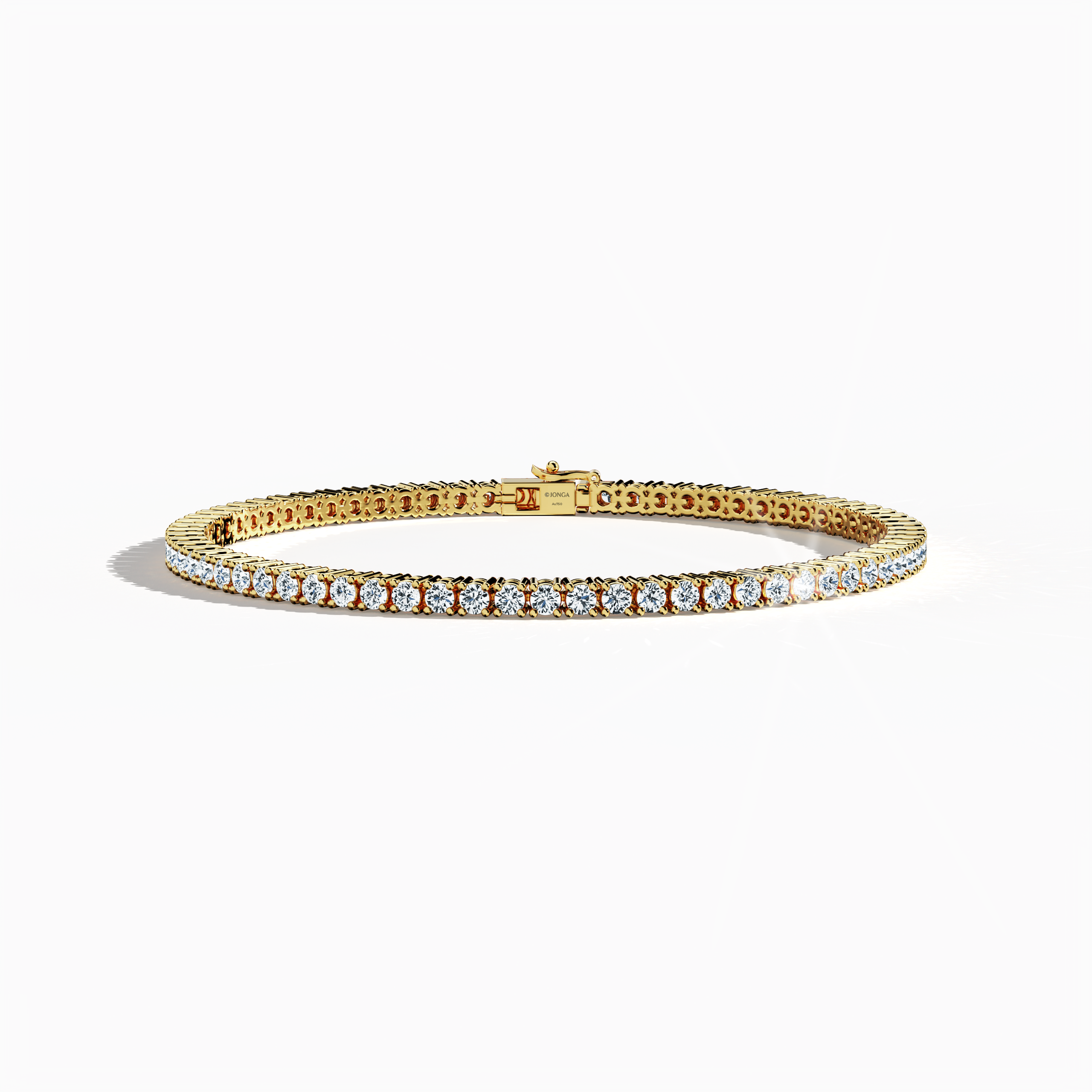 In a sleeping front top view, this 4 carat diamond tennis bracelet in yellow gold (alternatively known as classic gold or champagne gold) dazzles with a continuous band of prong-set round brilliant diamonds. Also described as a tennis bracelet, line bracelet, eternity bracelet, river bracelet, or inline bracelet, its meticulous four‐prong design magnifies the sparkle of each gem for a radiant look ideal for both festive occasions and refined daily wear. Keywords: diamond tennis bracelet, 4 carat.