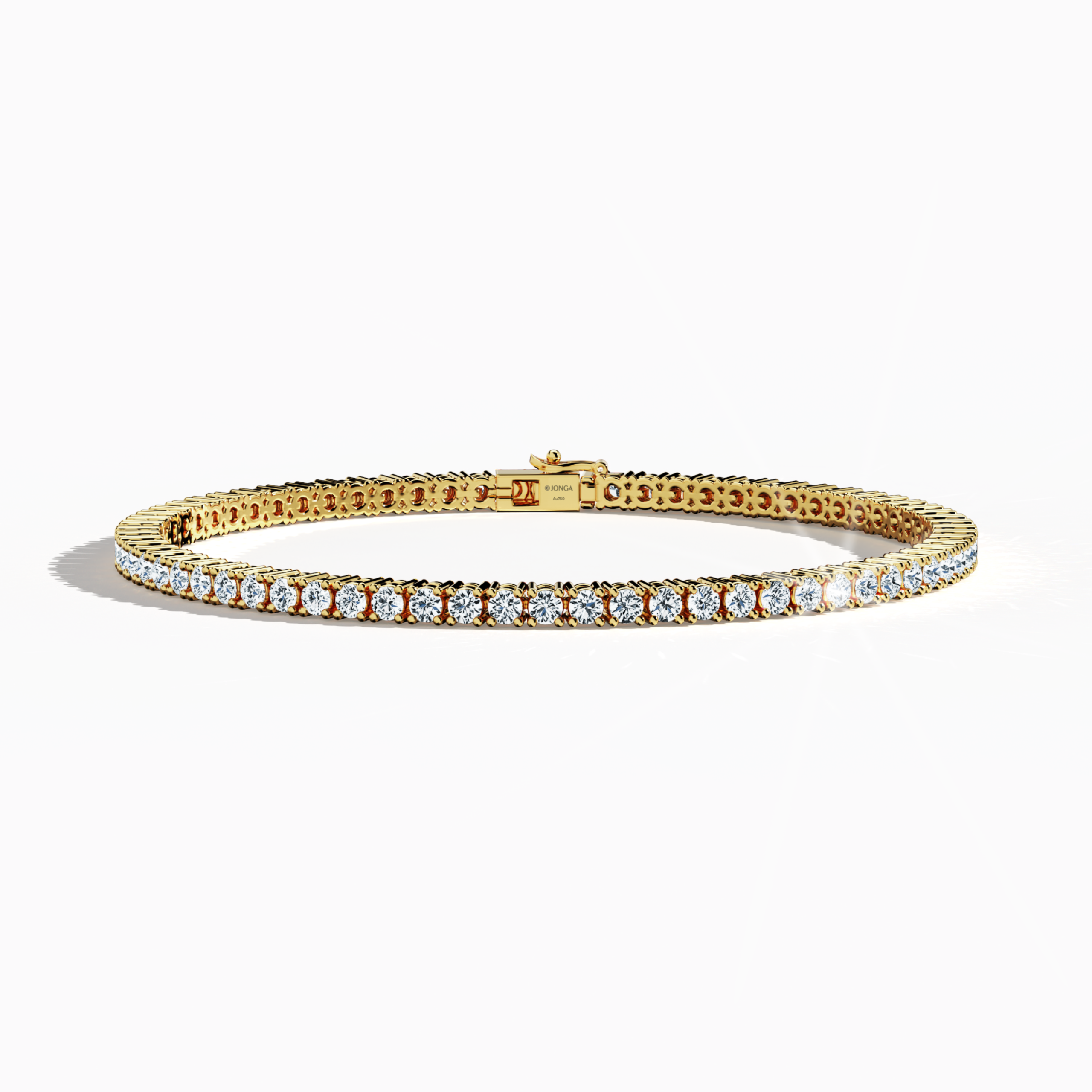 In a sleeping front top view, this 4 carat diamond tennis bracelet in yellow gold (alternatively known as classic gold or champagne gold) dazzles with a continuous band of prong-set round brilliant diamonds. Also described as a tennis bracelet, line bracelet, eternity bracelet, river bracelet, or inline bracelet, its meticulous four‐prong design magnifies the sparkle of each gem for a radiant look ideal for both festive occasions and refined daily wear. Keywords: diamond tennis bracelet, 4 carat.