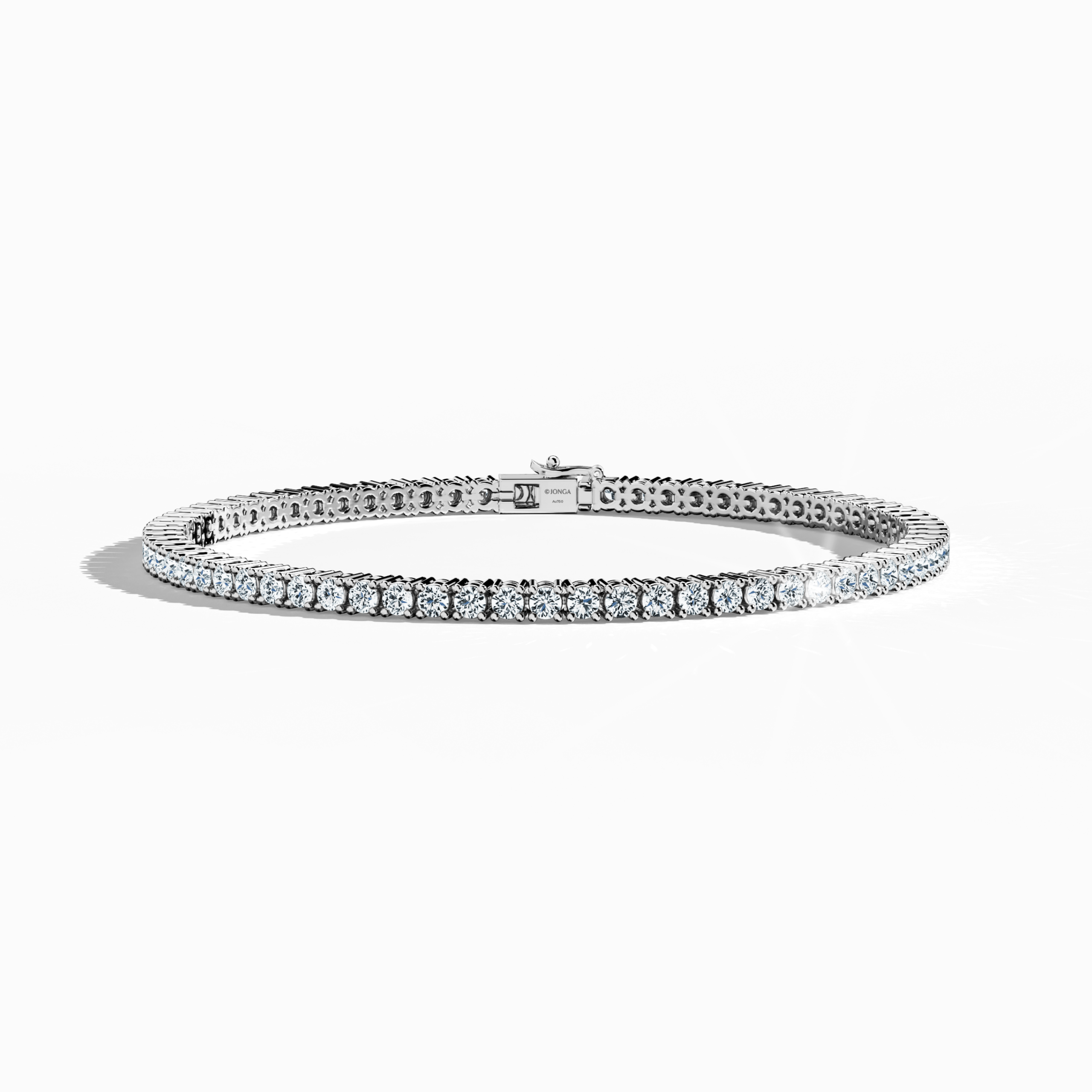 This 5-carat diamond tennis bracelet, also known as a line bracelet, eternity bracelet, river bracelet, or inline bracelet, is presented in platinum (Pt950). Seen from the front, its round brilliant stones shine with timeless elegance. The secure prong setting ensures lasting beauty, making it perfect for elegant events or daily wear. Keywords: diamond tennis bracelet, platinum, line bracelet.