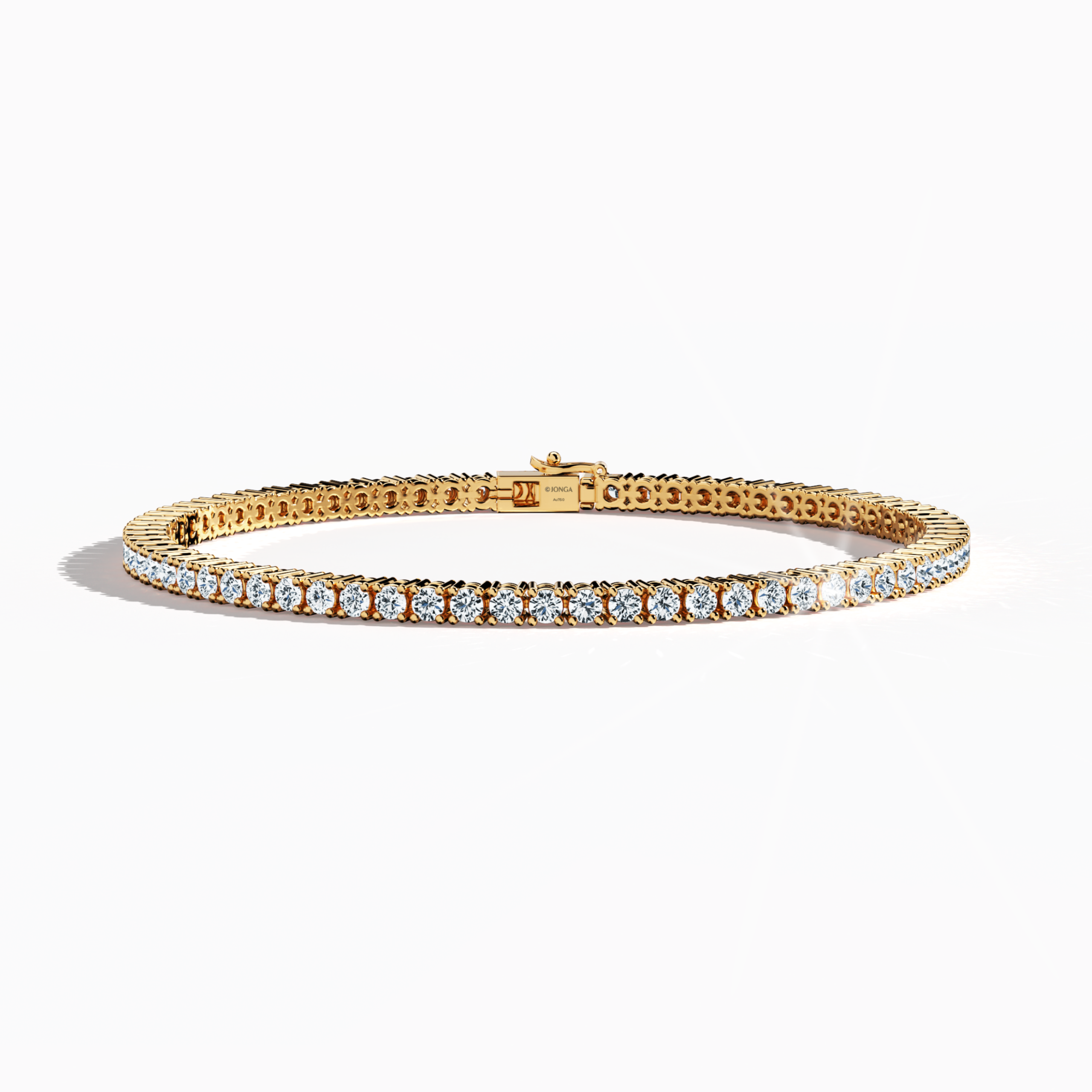 In a sleeping front top view, this 5 carat diamond tennis bracelet in rose gold (alternatively known as pink gold or red gold) radiates warmth through its continuous band of prong-set round brilliant diamonds. Also described as a tennis bracelet, line bracelet, eternity bracelet, river bracelet, or inline bracelet, its refined four‐prong design accentuates each diamond’s fiery brilliance for both chic events and everyday luxury. Keywords: diamond tennis bracelet, 5 carat, rose gold, fine jewelry.