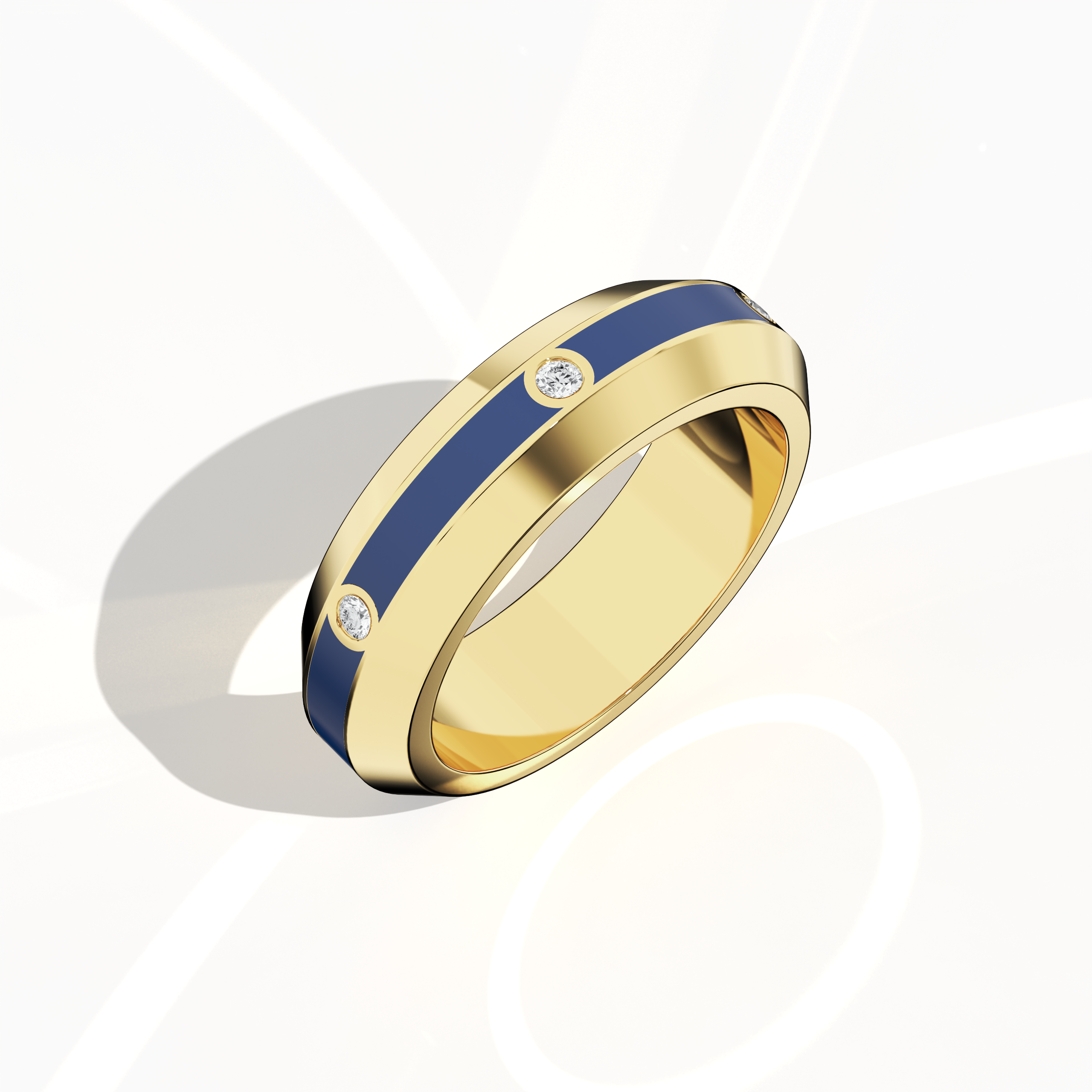 6 Diamond Center blue Enamel ring in Yellow Gold