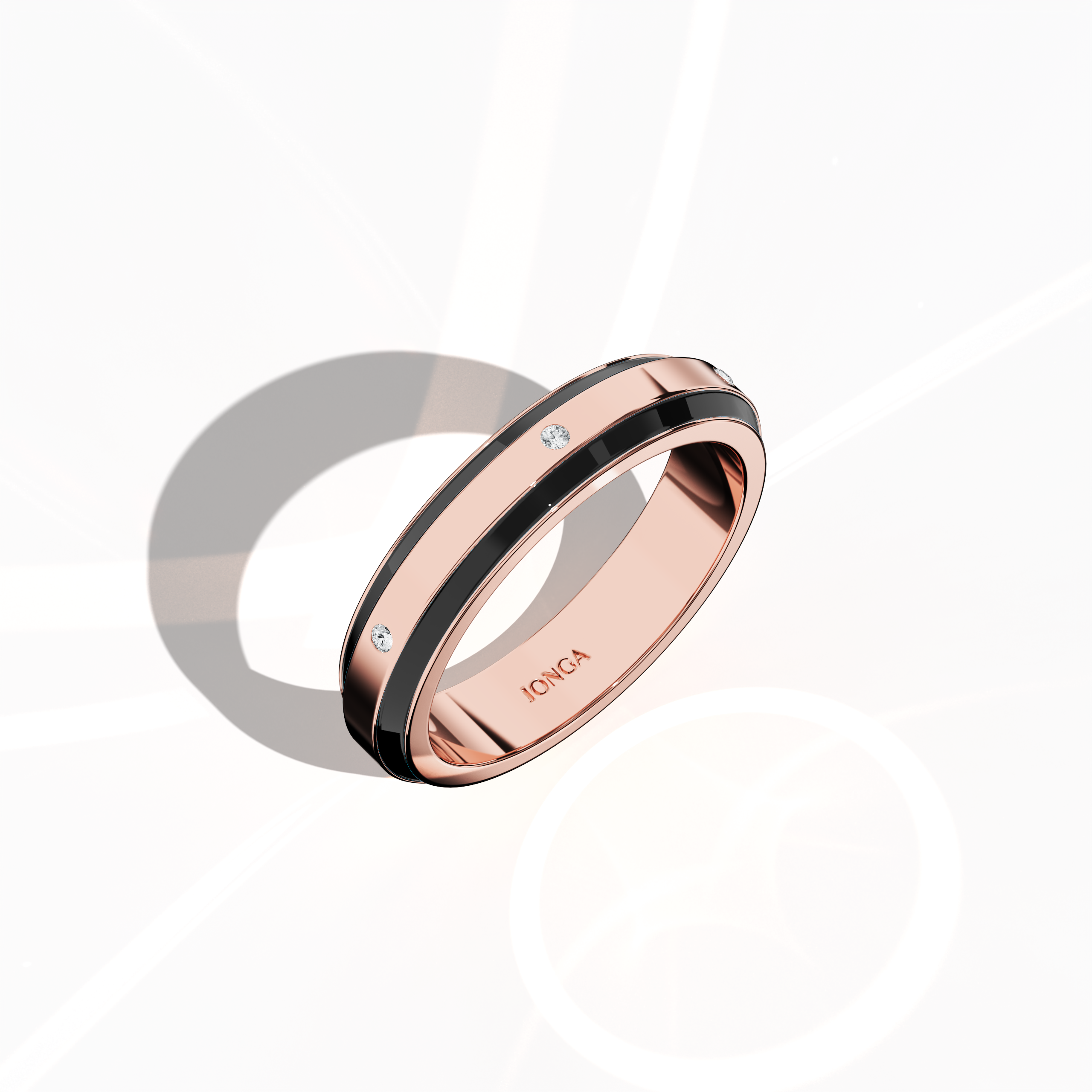 Presented in a standing front top side view, this refined six diamond enamel ring in rose gold with an intense black enamel finish showcases impeccable craftsmanship and modern artistry. Its sleek band, featuring a center row of six luminous diamonds totaling up to 0.05 carat, is polished to a brilliant gloss that highlights the contrast between warm rose tones and deep black. Celebrated as Elegant Fusion, Modern Radiance, Timeless Chic, Luxe Harmony, Classic Splendor, and Contemporary Brilliance.
