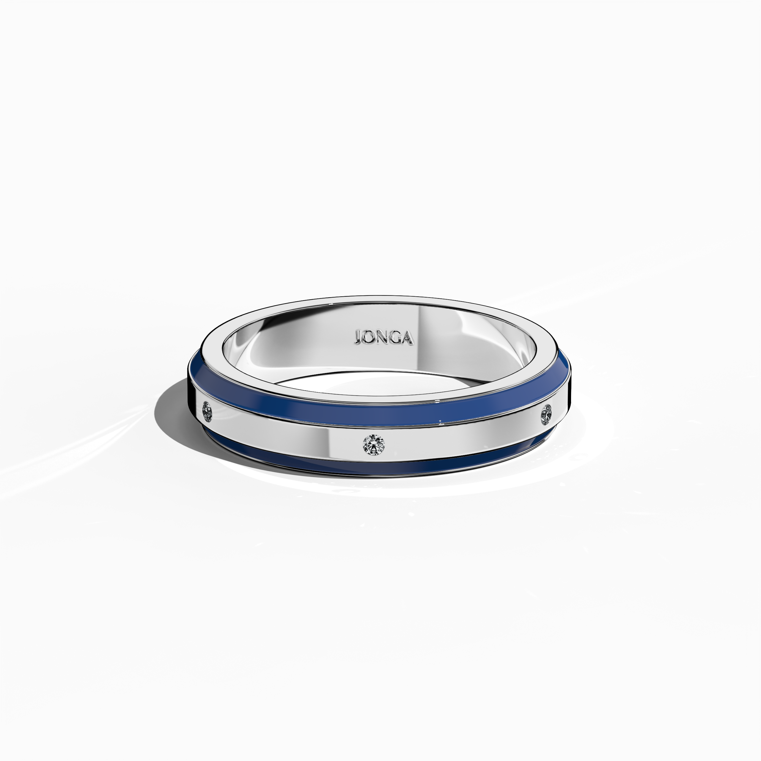 Shown from a sleeping front top angle, this stunning six diamond enamel ring in radiant white gold with vivid blue enamel offers a harmonious blend of classic sophistication and contemporary style. Its sleek band, featuring six brilliant diamonds (up to 0.05 carat total) along the center line, is accentuated by a glossy finish that highlights the vibrant blue. Known as Elegant Fusion, Modern Radiance, Timeless Chic, Luxe Harmony, Classic Splendor, and Contemporary Brilliance, the design radiates glamour.