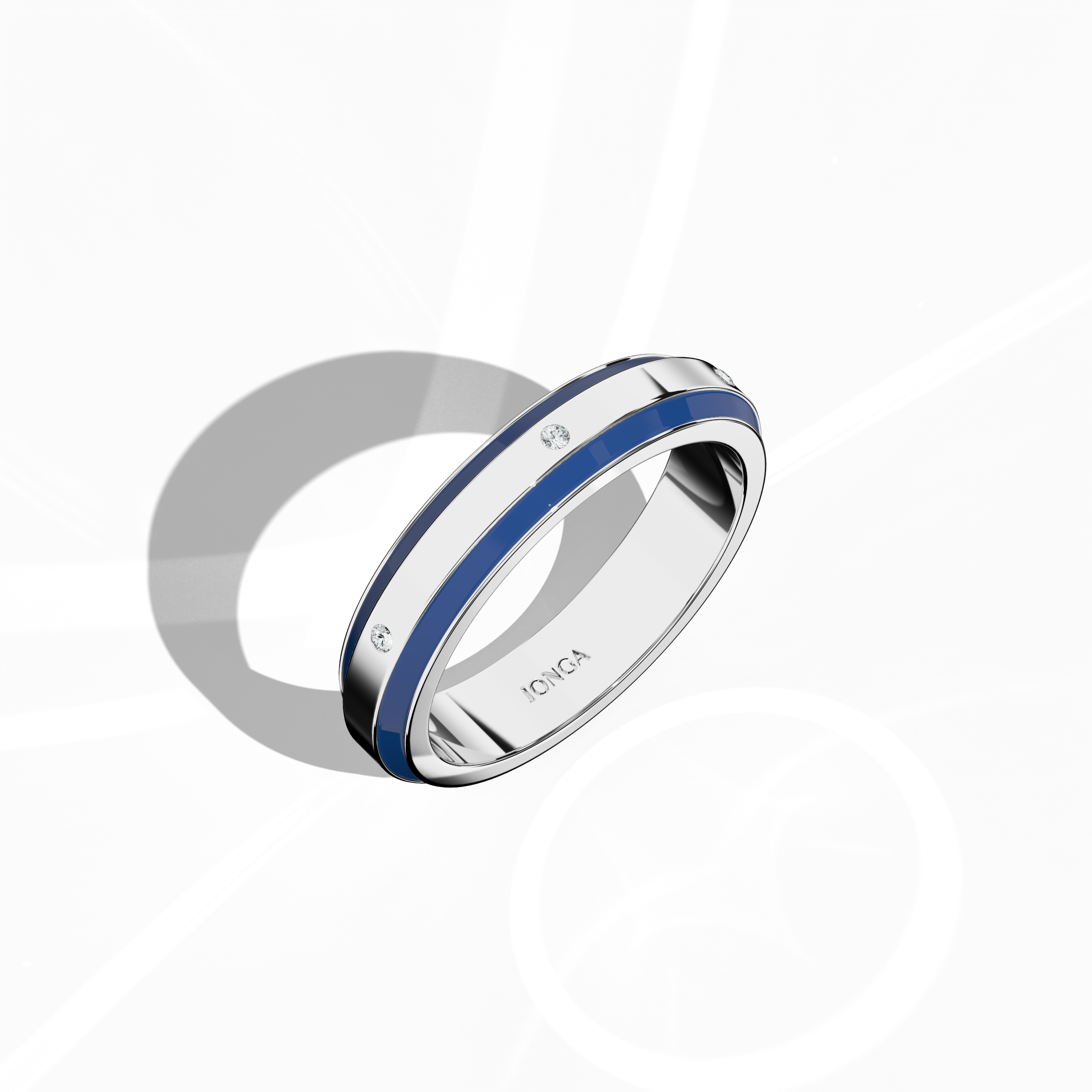 Displayed in a standing front top side view, this remarkable six diamond enamel ring in white gold with a striking blue enamel finish merges modern flair with timeless elegance. The band, lined with six carefully set diamonds totaling up to 0.05 carat, is enhanced by a high-gloss enamel polish that emphasizes the dynamic blue hue. Under design names Elegant Fusion, Modern Radiance, Timeless Chic, Luxe Harmony, Classic Splendor, and Contemporary Brilliance, the ring exudes sophisticated luxury.