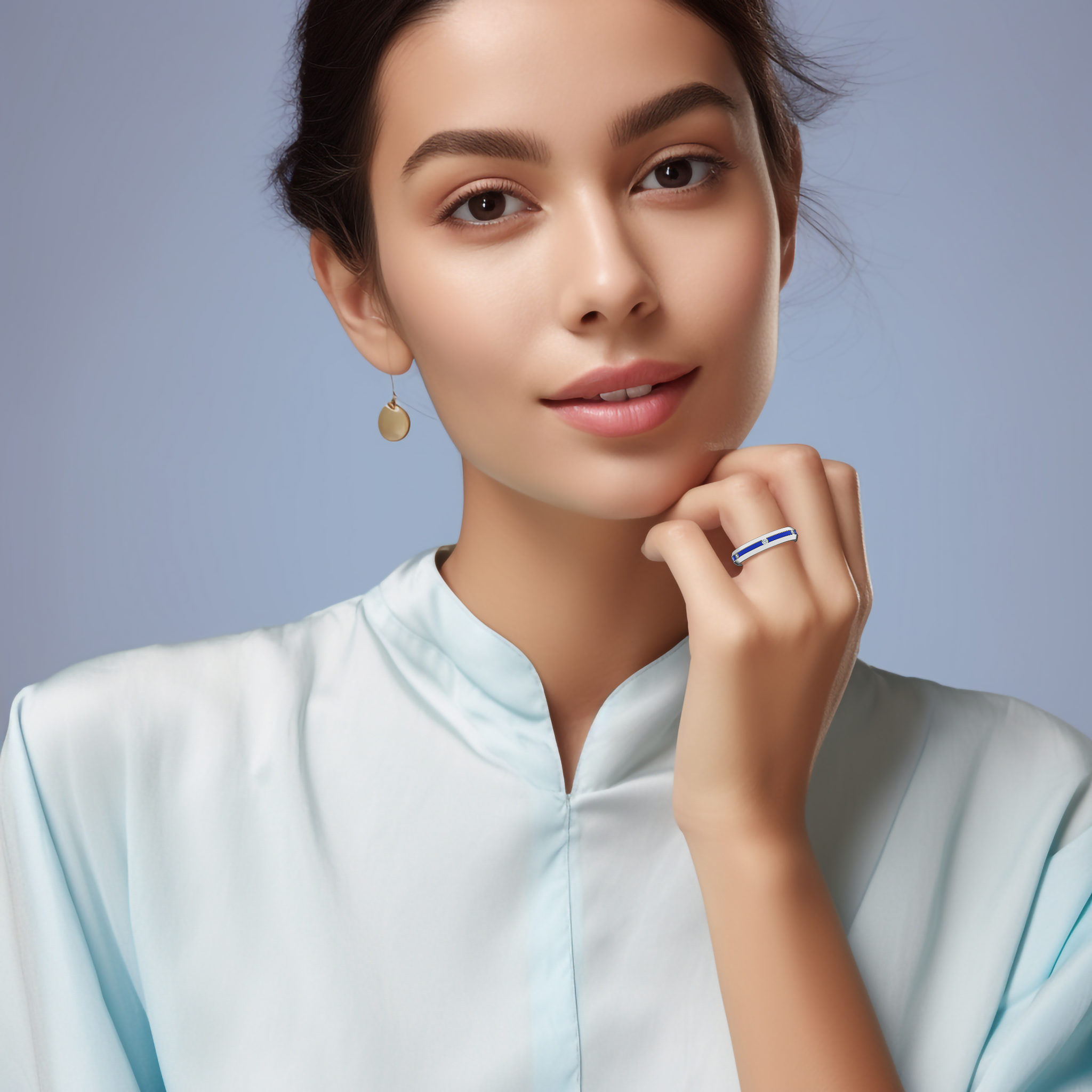 This lifestyle image displays a white gold six diamond center step enamel ring elegantly worn on a finger. The design features six precisely arranged diamonds (totaling 0.06 carats) and a mesmerizing blue glossy enamel finish. Esteemed as “Timeless Radiance,” “Celestial Emblem,” and “Eternal Sparkle,” with alternate gold designations like “Auric White,” the ring epitomizes modern luxury and artisanal finesse. Keywords: chic, elegant, refined, modern, luxe.