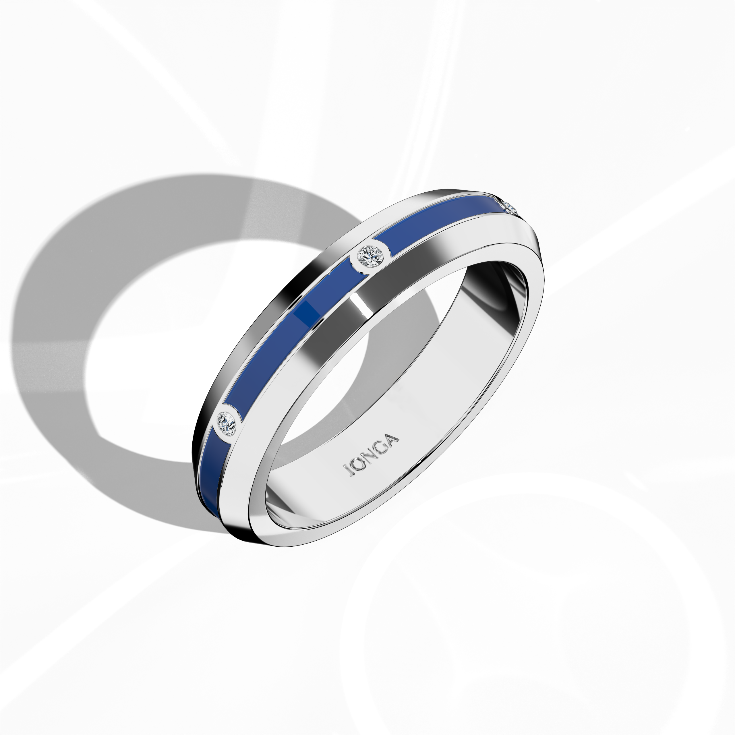 In a standing front top side view, the white gold six diamond center step enamel ring is presented with a dynamic profile that accentuates its six carefully set diamonds (0.06 carats) and a luminous blue glossy enamel finish. Known as “Timeless Radiance,” “Celestial Emblem,” and “Eternal Sparkle,” with the alternative gold term “Auric White” featured in international lexicons, it exudes refined craftsmanship and contemporary chic. Keywords: elegant, sleek, modern, high-end, refined.