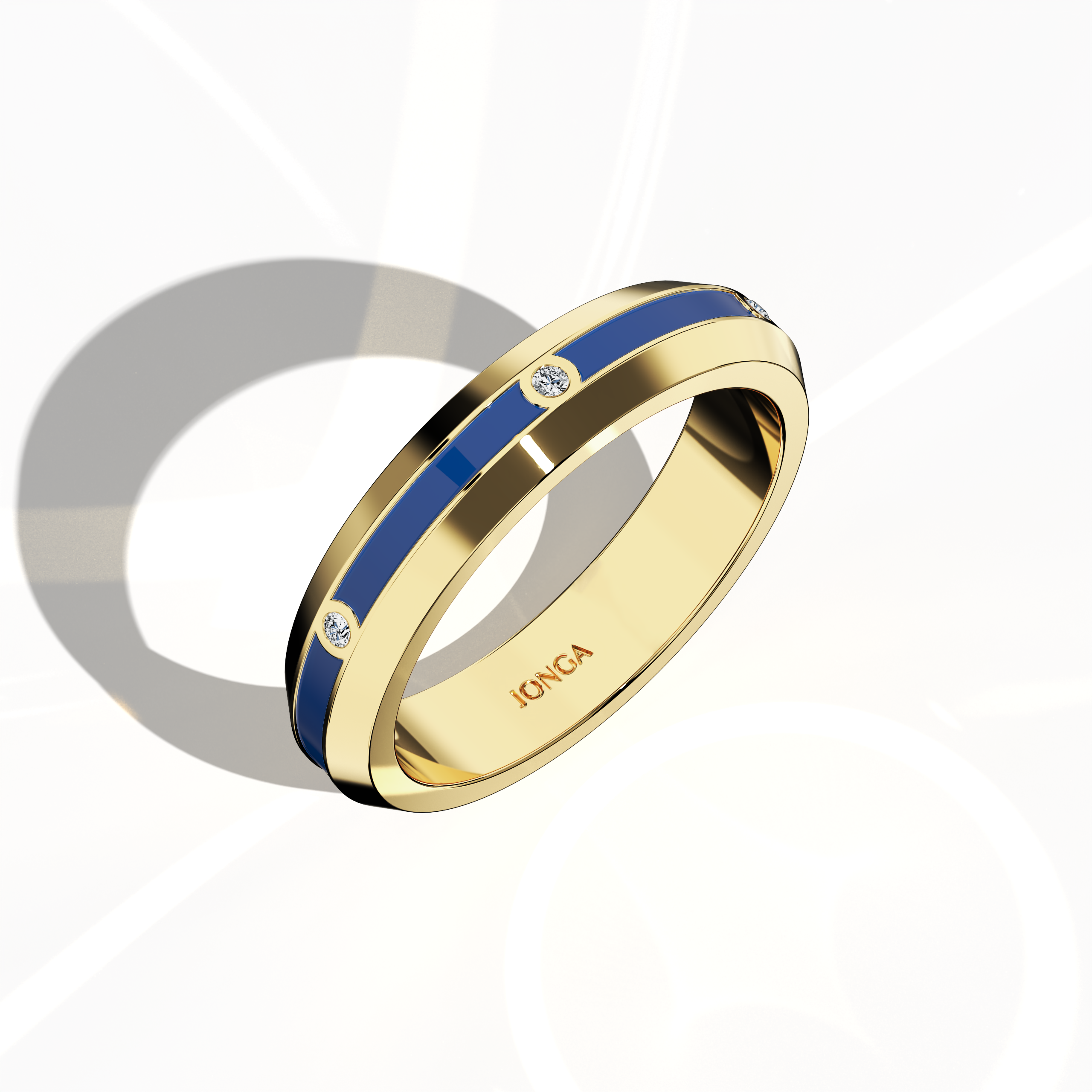 Shown in a standing front top side view, the yellow gold six diamond center step enamel ring impresses with its sleek profile, featuring six uniformly placed diamonds (0.06 carats) and a vibrant blue glossy enamel finish. Known as “Timeless Radiance,” “Celestial Emblem,” and “Eternal Sparkle,” with alternative yellow gold terms from diverse design traditions, it radiates contemporary luxury, refined craftsmanship, and artistic allure. Keywords: elegant, chic, modern, sophisticated, high-end.