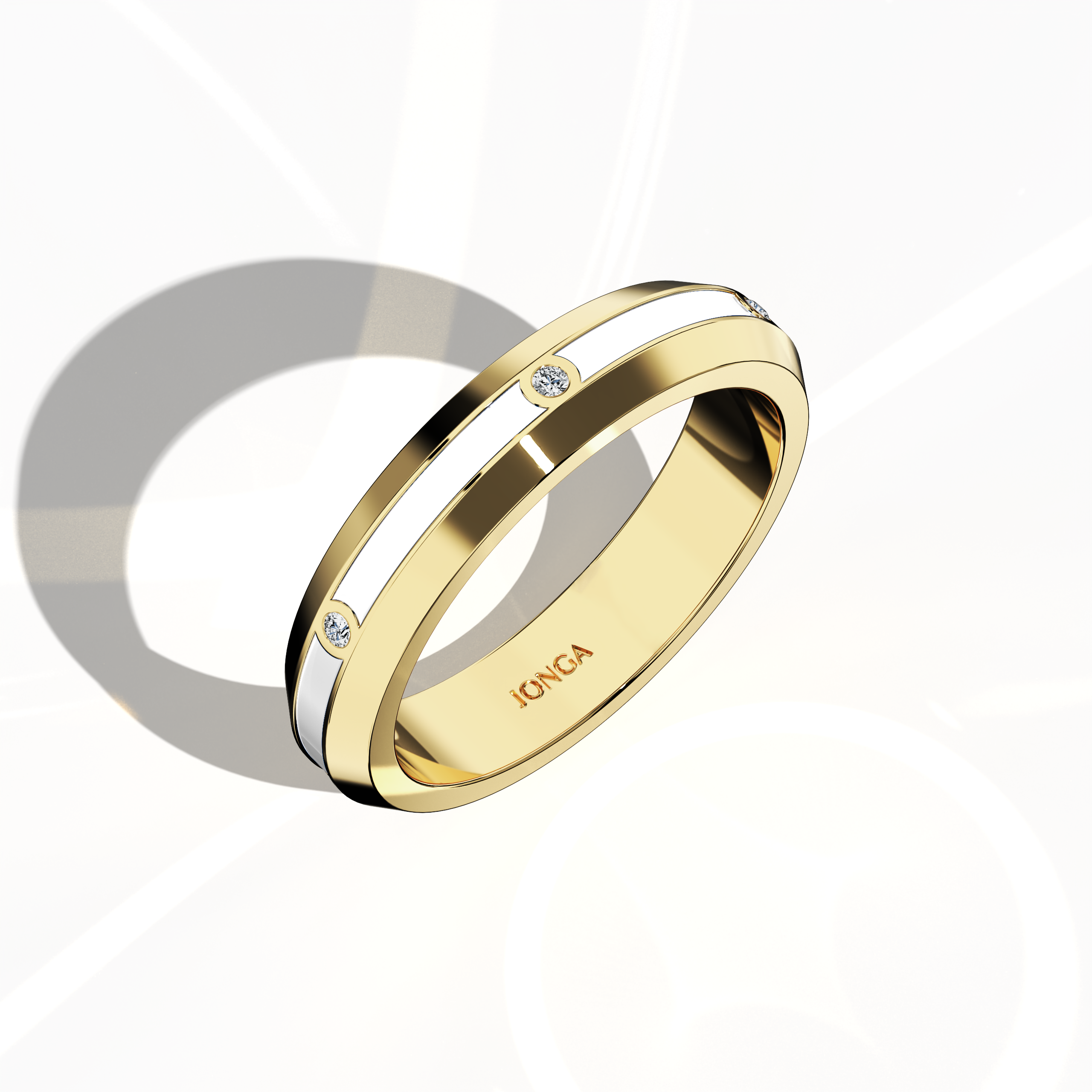 In a standing front top side view, this yellow gold six diamond center step enamel ring presents a striking profile with six uniformly set diamonds (totaling 0.06 carats) and an immaculate white glossy enamel surface. Regarded as “Timeless Radiance,” “Celestial Emblem,” and “Eternal Sparkle,” and featuring alternative yellow gold terms from international design traditions, it exudes modern elegance and refined sophistication. Keywords: chic, refined, elegant, modern, high-end.