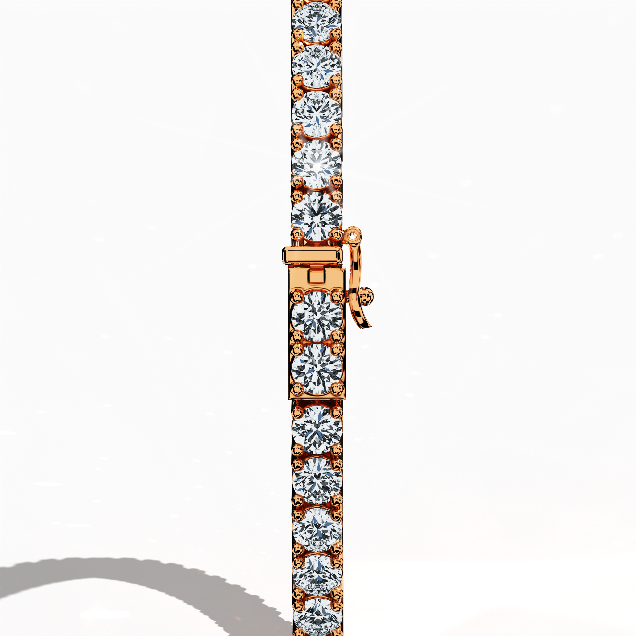 This 6-carat diamond tennis bracelet in rose gold (sometimes known as pink gold or red gold) is viewed from a standing back perspective, highlighting the clasp closure and polished metal links. Also referred to as a line bracelet, eternity bracelet, river bracelet, or inline bracelet, it displays a shimmering row of round diamonds. Its prong-set design merges elegance with durability for any occasion. Keywords: diamond tennis bracelet, rose gold, line bracelet.