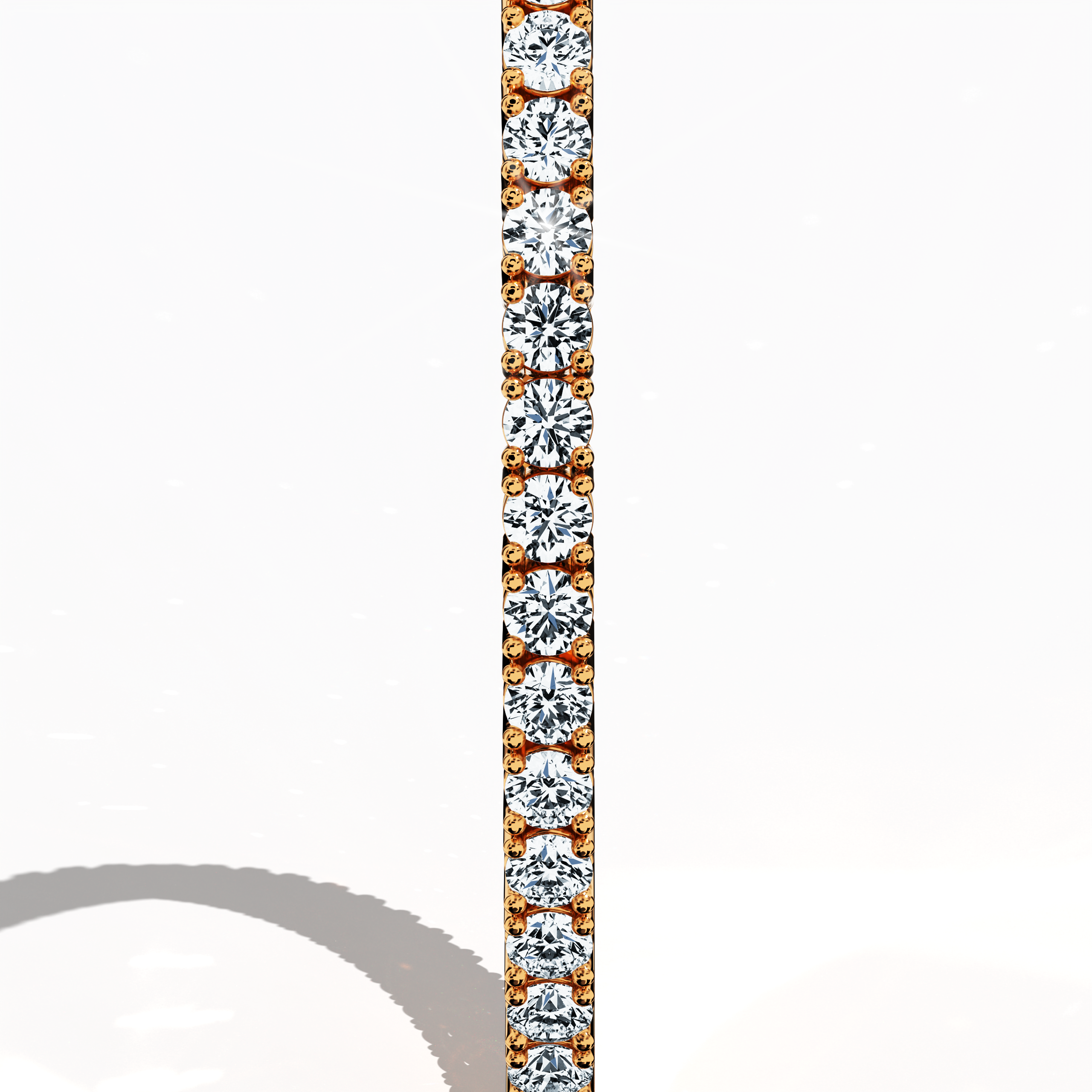 This 6-carat diamond tennis bracelet in rose gold (often called pink gold or red gold) is showcased from a standing side angle, revealing its continuous row of round diamonds and delicate hue. Also named a line bracelet, eternity bracelet, river bracelet, or inline bracelet, it features a sturdy clasp for daily wear. A symbol of refined romance, it transitions effortlessly from casual outings to formal gatherings. Keywords: diamond tennis bracelet, rose gold, line bracelet.
