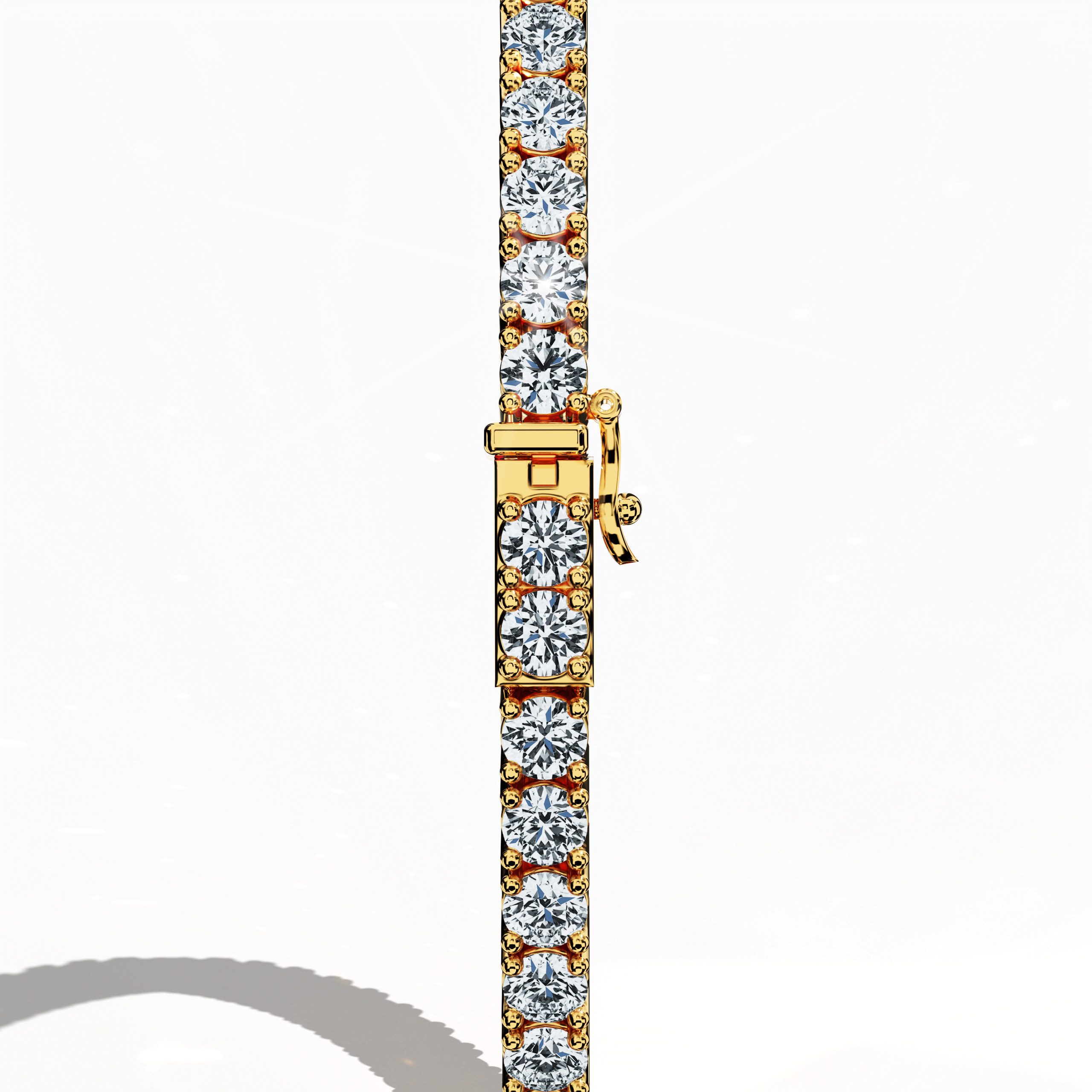 This 6-carat diamond tennis bracelet in yellow gold (sometimes known as classic gold or champagne gold) is presented from a standing back view, spotlighting its sturdy clasp and continuous prong setting. Called a line bracelet, eternity bracelet, river bracelet, or inline bracelet, it boasts a seamless row of round diamonds. Exuding timeless allure, this piece complements any style with effortless grace. Keywords: diamond tennis bracelet, yellow gold, line bracelet.