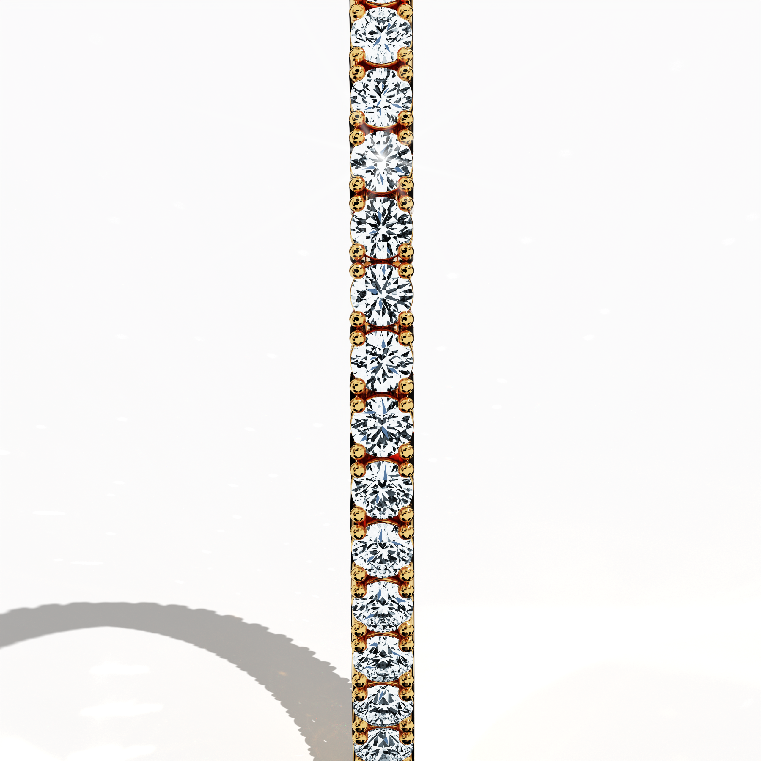 This 6-carat diamond tennis bracelet in yellow gold (often called classic gold or champagne gold) is captured from a standing side angle, revealing its luminous row of round diamonds. Also named a line bracelet, eternity bracelet, river bracelet, or inline bracelet, it combines vintage appeal with modern wearability. A secure clasp ensures comfort for daily wear, while exuding a radiant elegance. Keywords: diamond tennis bracelet, yellow gold, line bracelet.