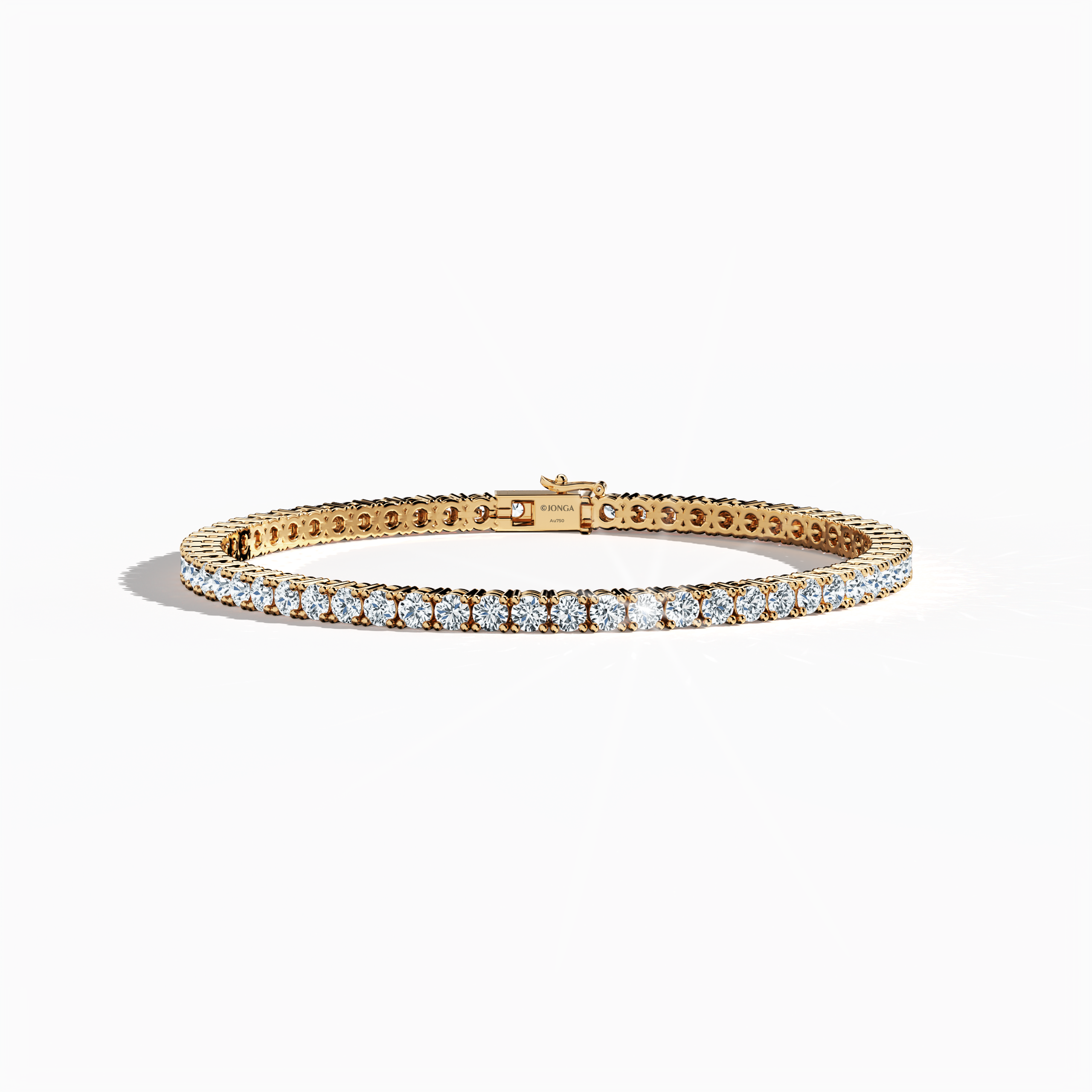 This 7-carat diamond tennis bracelet, also known as a line bracelet, eternity bracelet, river bracelet, or inline bracelet, is presented in rose gold (sometimes referred to as pink gold or red gold). Seen from a sleeping front top angle, its round brilliant stones shine with a romantic glow. The secure prong setting ensures lasting beauty, making it perfect for elegant events or daily wear. Keywords: diamond tennis bracelet, rose gold, line bracelet.