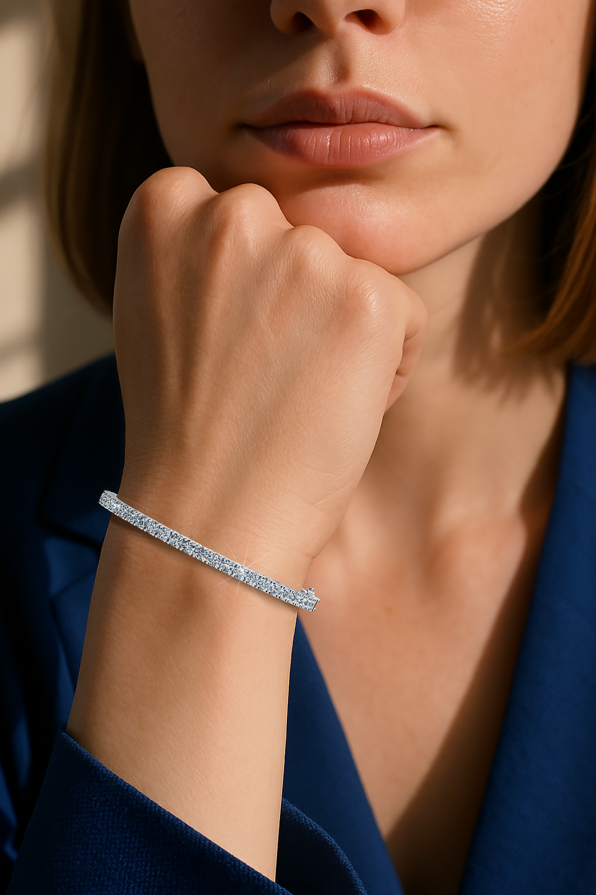 This 8-carat diamond tennis bracelet, also known as a line bracelet, eternity bracelet, river bracelet, or inline bracelet, is presented in platinum (Pt950). Seen worn on the wrist, its round brilliant stones drape elegantly with a brilliant sparkle. The secure prong setting ensures lasting beauty, making it perfect for elegant events or daily wear. Keywords: diamond tennis bracelet, platinum, line bracelet.