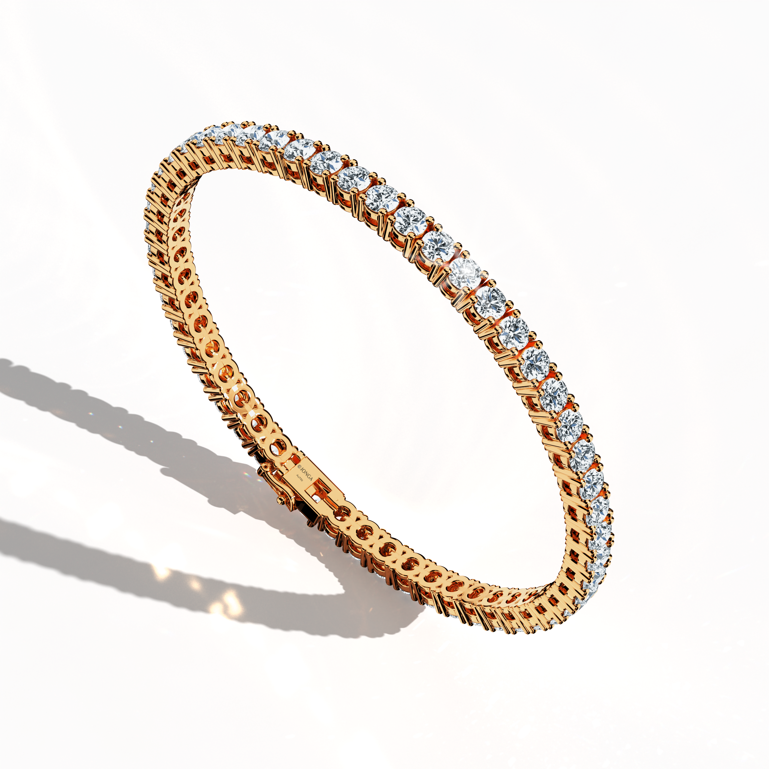 Shown from a standing front top side view, this 8-carat diamond tennis bracelet in rose gold (also recognized as pink gold or red gold) features a radiant array of prong-set round diamonds. Also called a line bracelet, eternity bracelet, river bracelet, or inline bracelet, its design balances vibrant warmth with refined sophistication. The sleek silhouette and secure clasp enhance its allure, making it ideal for both celebratory and everyday wear. Keywords: diamond tennis bracelet, rose gold, luxury.