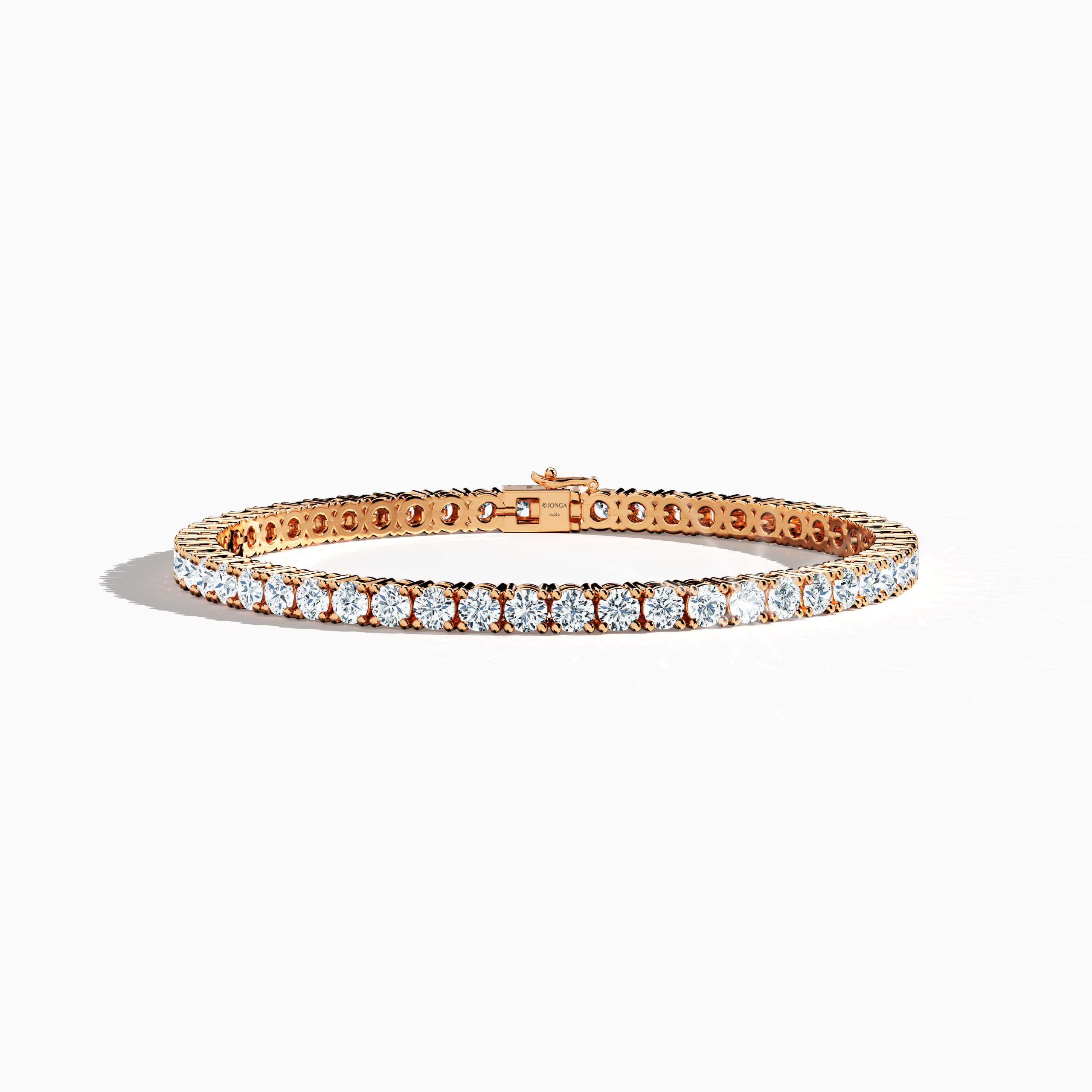 This 8-carat diamond tennis bracelet, also known as a line bracelet, eternity bracelet, river bracelet, or inline bracelet, is masterfully designed in rose gold (commonly called pink gold or red gold). Captured from a sleeping front top view, its prong-set round diamonds form a continuous, radiant band that glows with warmth and sophistication. The piece blends contemporary allure with classic charm, ideal for both special events and everyday style. Keywords: diamond tennis bracelet, rose gold, luxury jewel