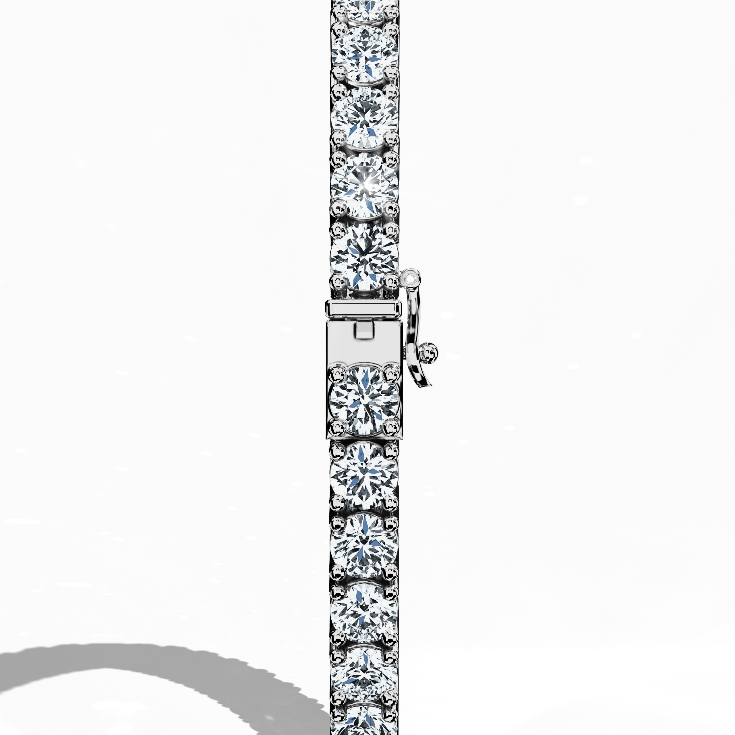 From a standing back side view, this 8-carat diamond tennis bracelet in white gold (sometimes termed grey gold or palladium gold) showcases its impeccable clasp and prong-set design. Known as a line bracelet, eternity bracelet, river bracelet, or inline bracelet, the luminous row of round diamonds creates a continuous cascade of brilliance that epitomizes timeless elegance and modern style. Keywords: diamond tennis bracelet, white gold, elegant accessory.