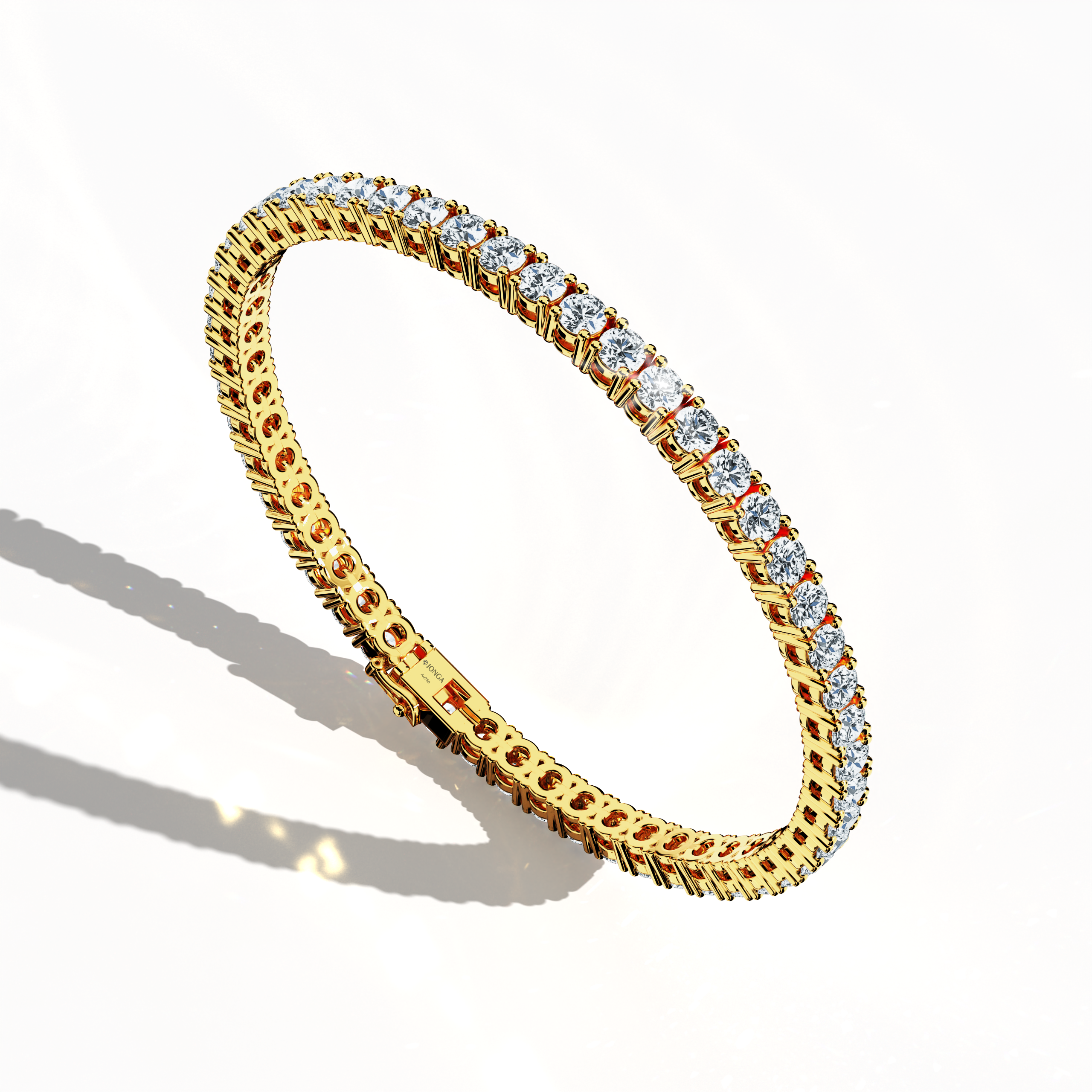 Shown from a standing front top side view, this 8-carat diamond tennis bracelet in yellow gold (also known as classic gold or champagne gold) features a dazzling line of prong-set round diamonds. Also known as a line bracelet, eternity bracelet, river bracelet, or inline bracelet, its design merges luxurious warmth with contemporary sophistication. The flawless, continuous band exudes a radiant glow, ideal for both special celebrations and daily chic. Keywords: diamond tennis bracelet, yellow gold, luxury.