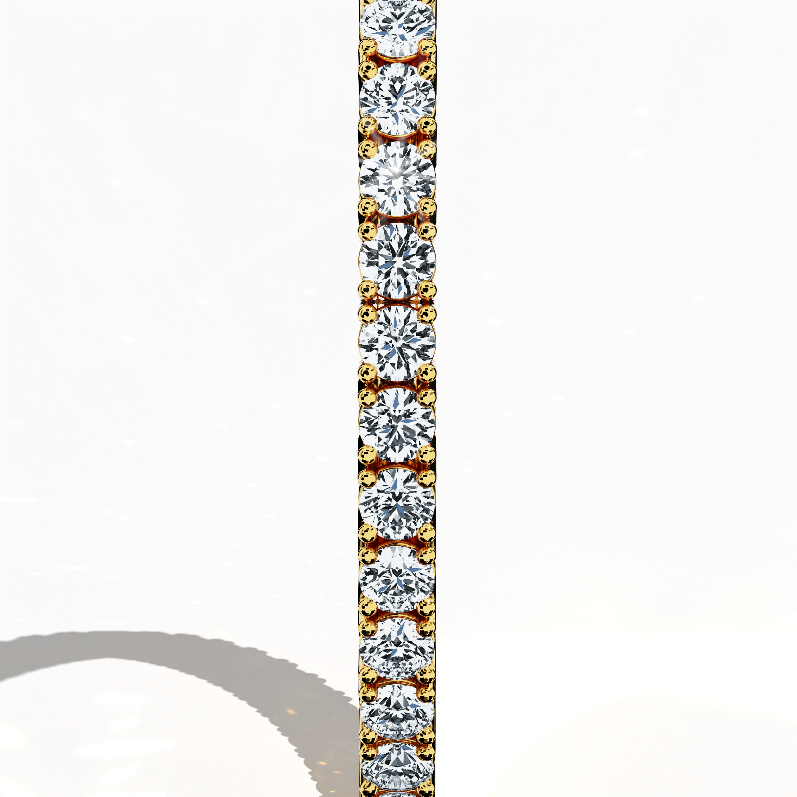 Displayed from a standing side view, this 8-carat diamond tennis bracelet in yellow gold (alternatively known as classic gold or champagne gold) reveals a flawless row of prong-set round diamonds. Also called a line bracelet, eternity bracelet, river bracelet, or inline bracelet, its design radiates warm, enduring charm and modern sophistication. The piece’s sleek, continuous band makes it a standout accessory for both casual outings and formal events. Keywords: diamond tennis bracelet, yellow gold.
