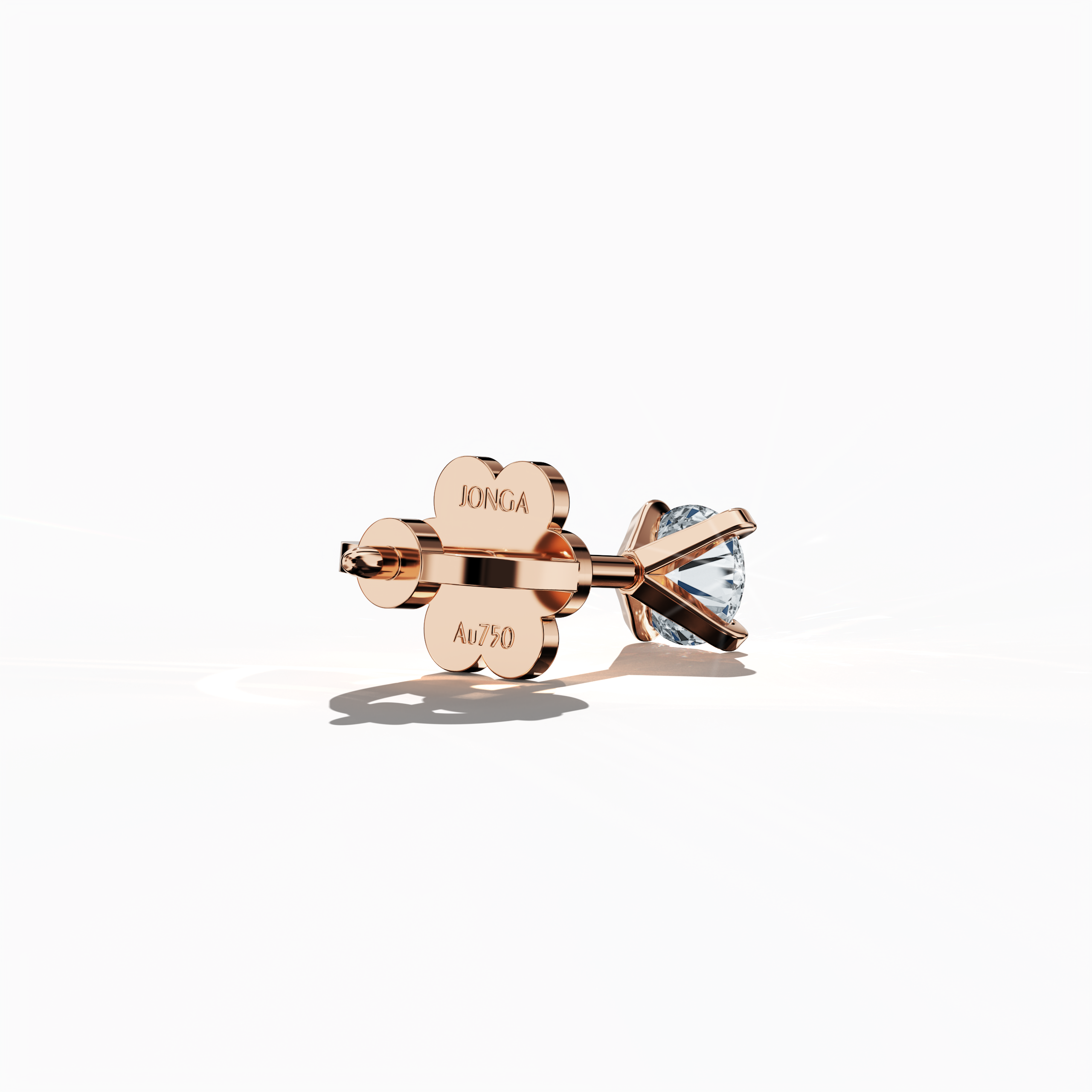 Back side view of 0.60 carat natural diamond earring in 18k rose gold with nail prong setting; diamond stud, 0.60ct solitaire diamond, luxury fine jewelry/fine jewellery ear accessory.