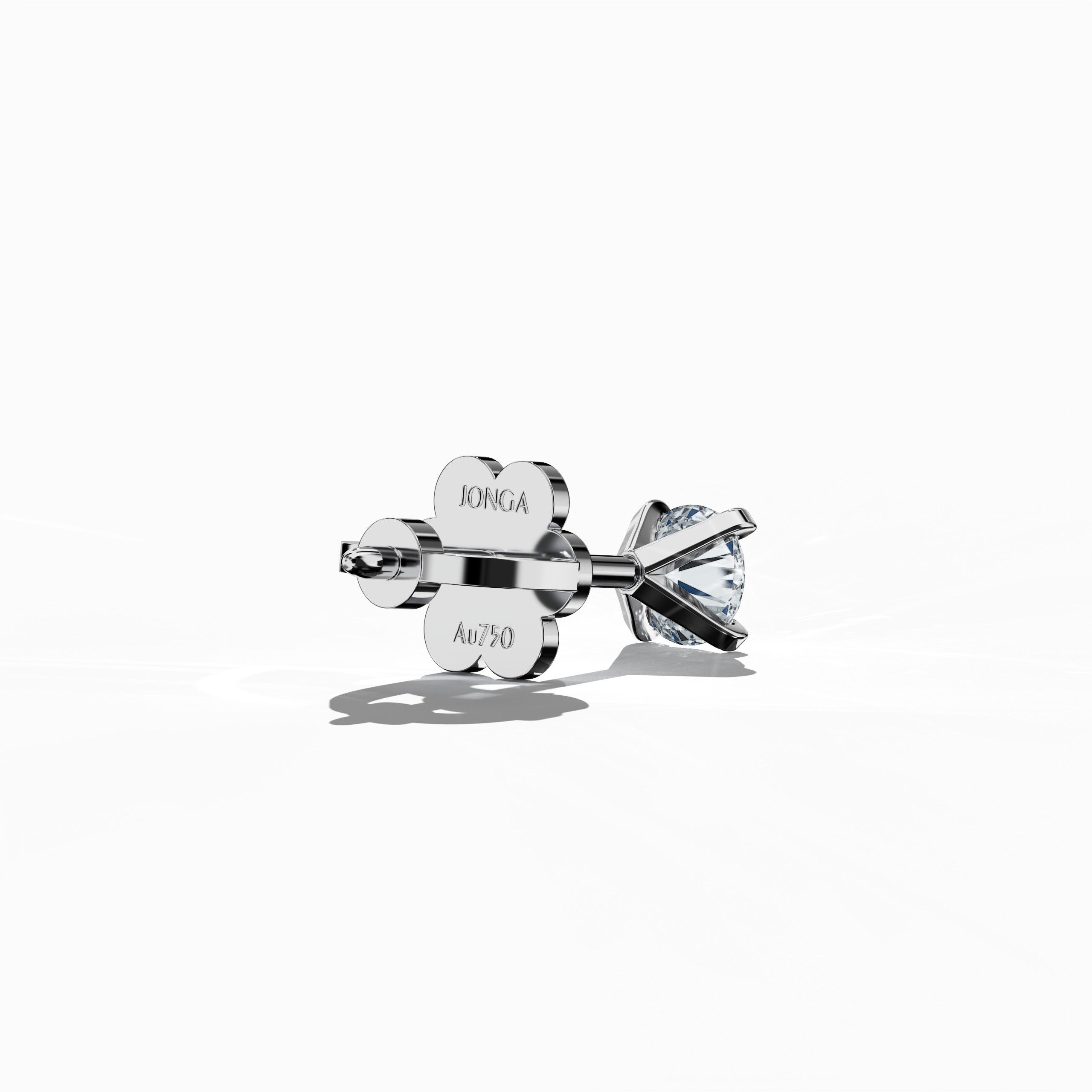 Back side view of 0.60 carat natural diamond earring in 18k white gold with nail prong setting; diamond stud, 0.60ct solitaire diamond, luxury fine jewelry/fine jewellery ear accessory.