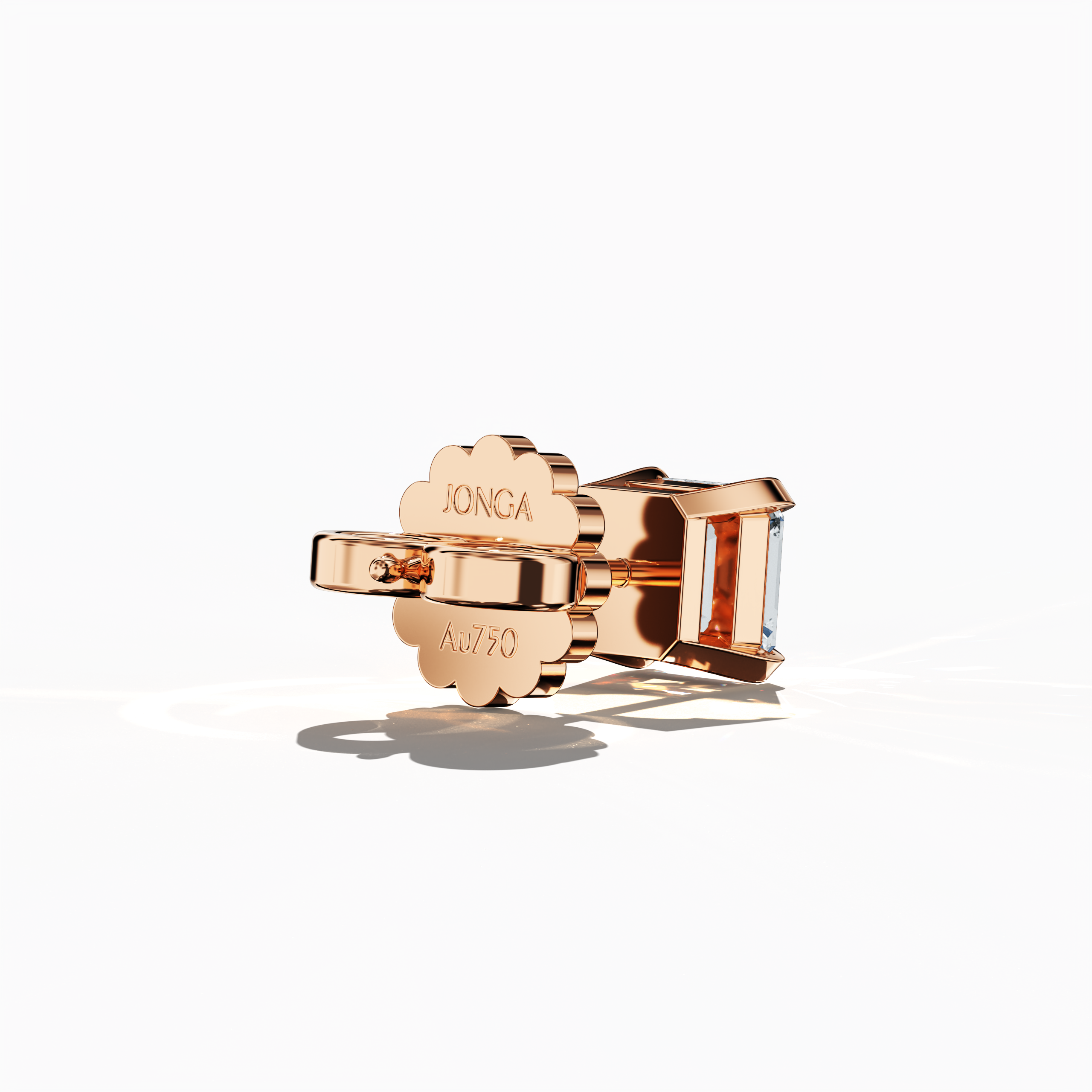 Back side view of 1-carat natural diamond earring in 18k rose gold with nail prong setting; features an Asscher cut diamond (also referred to as square emerald cut or step cut diamond in certain markets) – luxury fine jewelry/fine jewellery ear accessory.