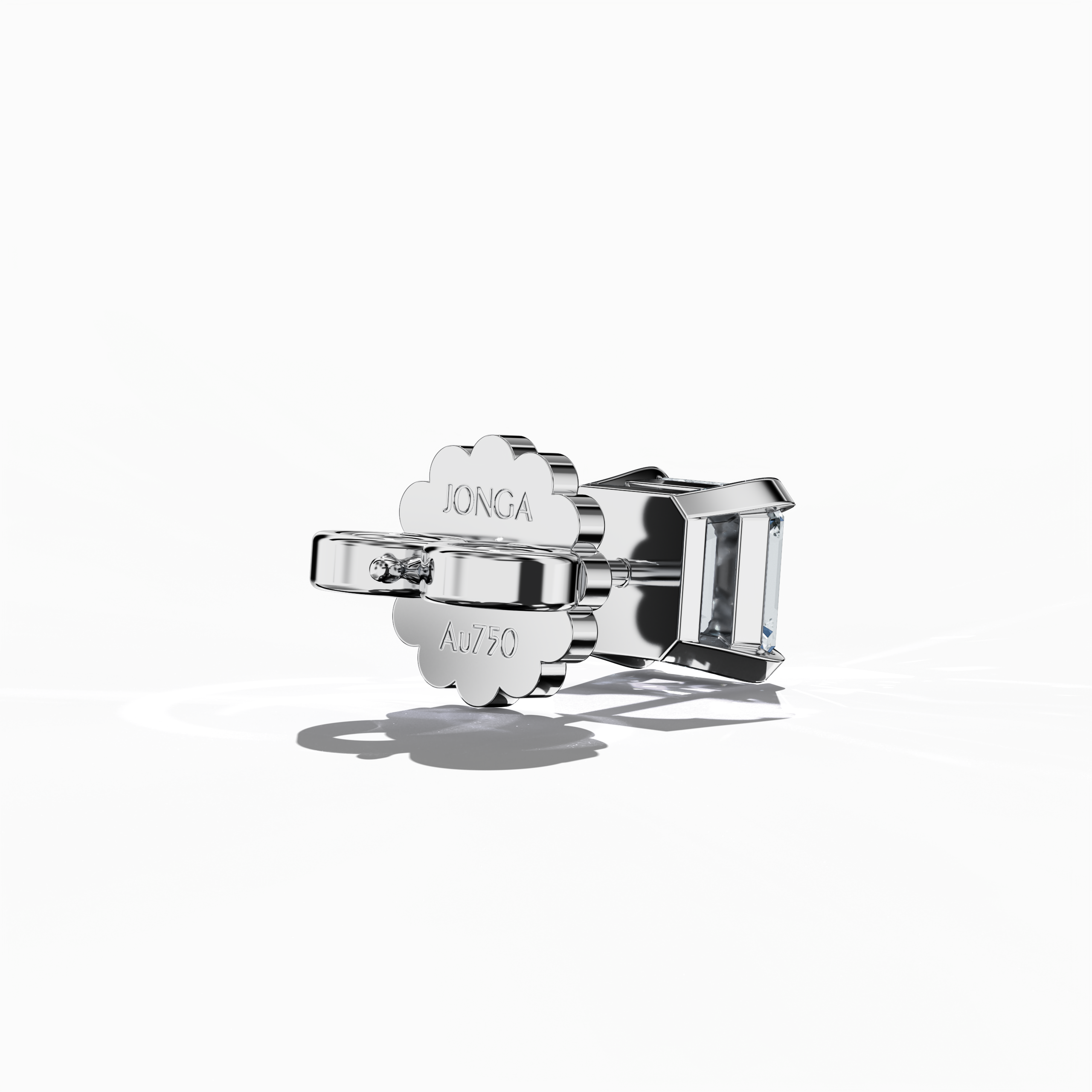Back side view 1-carat natural diamond earring in 18k white gold with nail prong setting; features an Asscher cut diamond (also referred to as square emerald cut or step cut diamond in certain markets) – luxury fine jewelry/fine jewellery ear accessory.