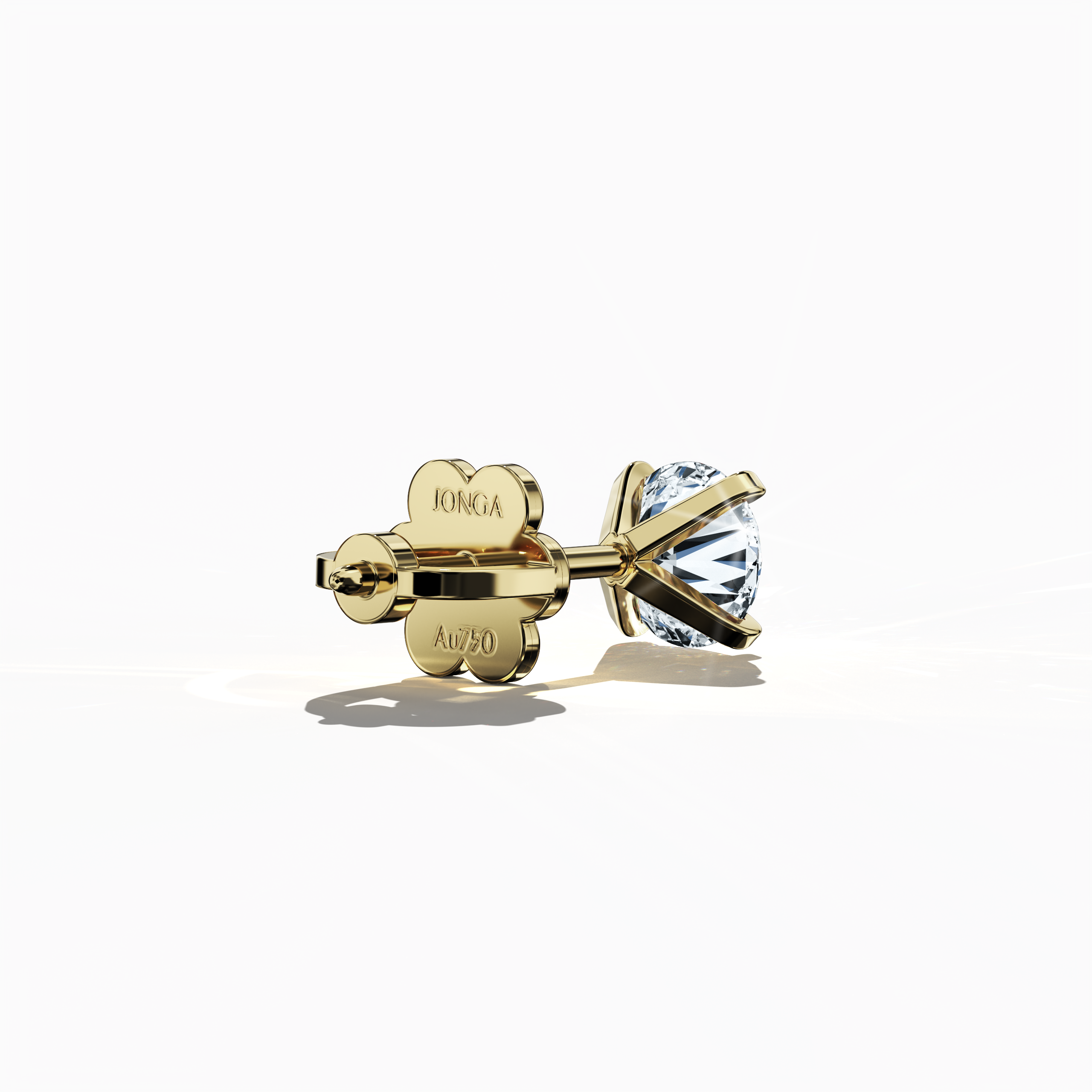 Back side view of 1 carat natural diamond earring in 18k yellow gold with nail prong setting; diamond stud, 1ct solitaire diamond, luxury fine jewelry/fine jewellery ear accessory.